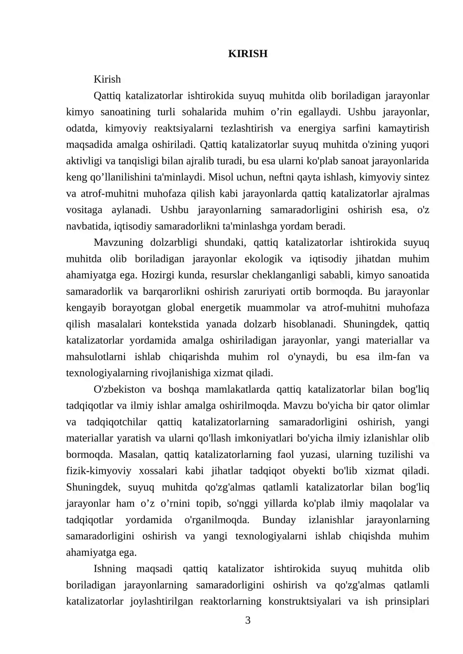 Qattiq katalizator ishtirokida suyuq muhitda olib boriladigan jarayonlarni jihozlash, qo'zg'almas qatlamli katalizatorlar joylashtirilgan reaktorlarni hisoblash 3