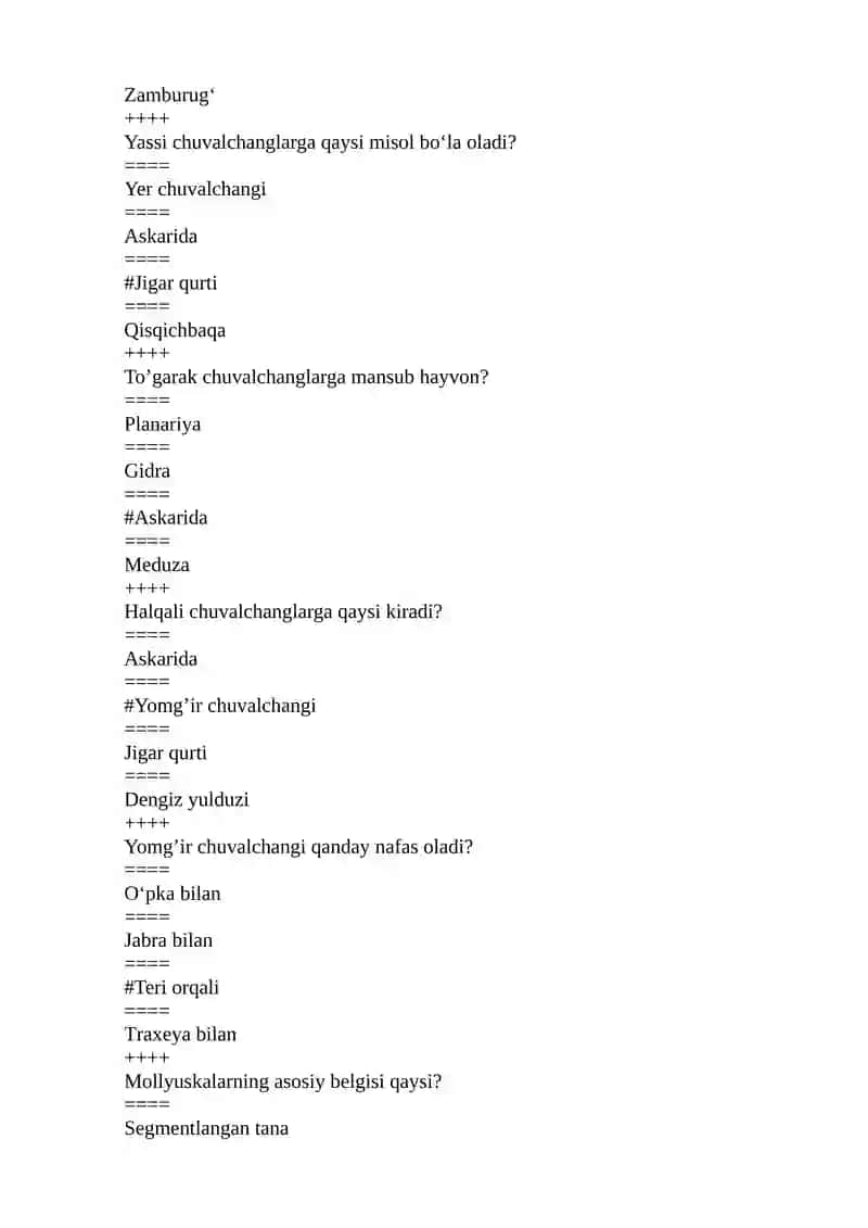 Zoologiya fanidan test savollari 3
