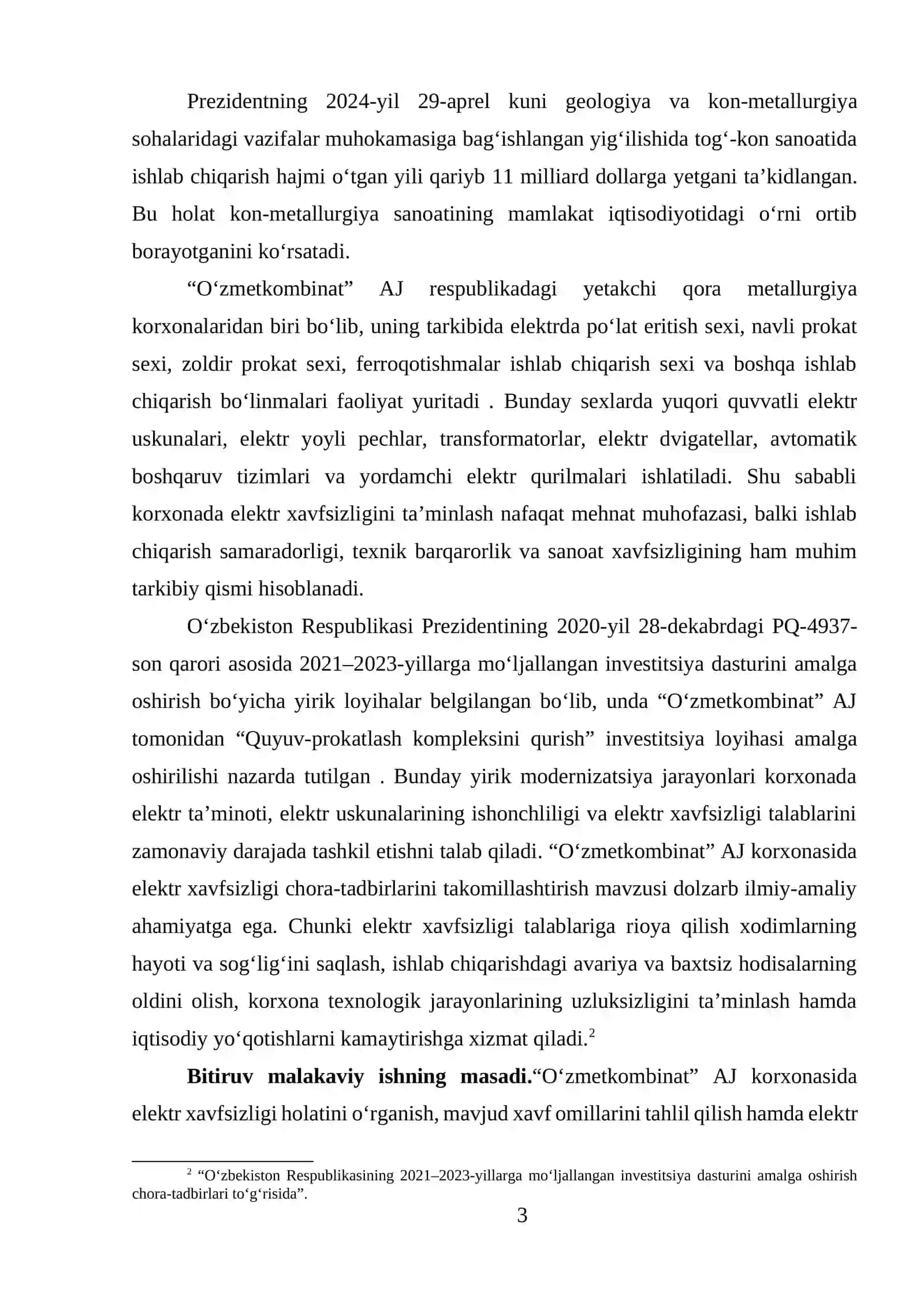 “ Oʻzmetkobinat ” AJ korxonasida elektr xavfsizligi chora tadbirlarini takomillashtirish 3