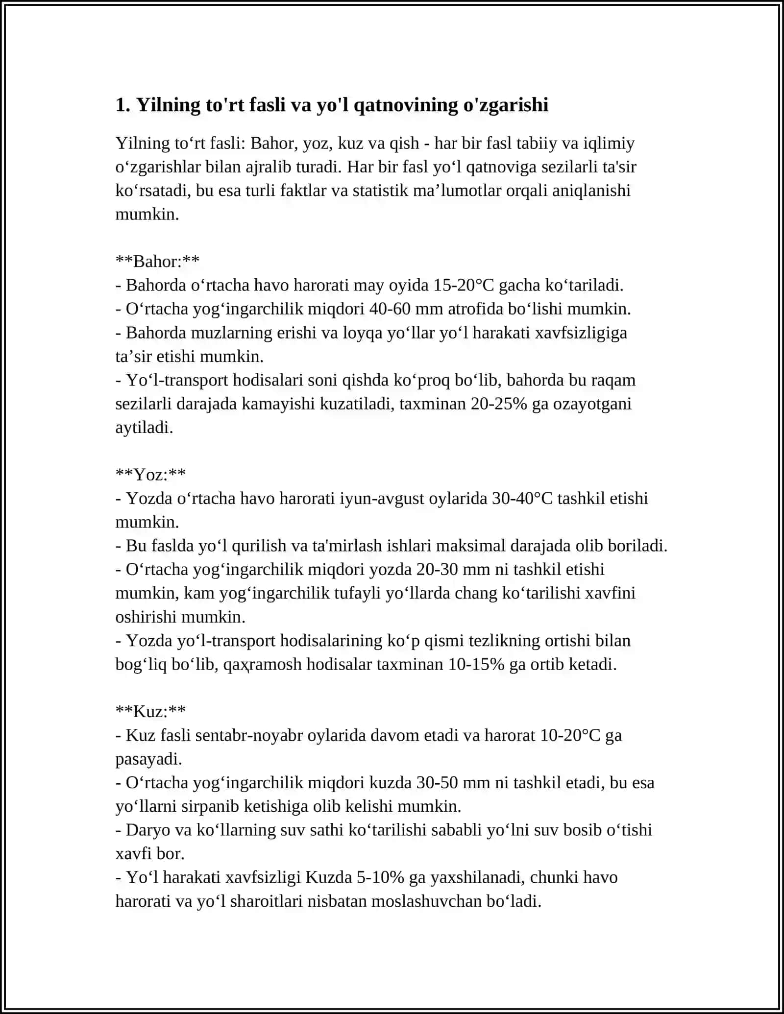 YIL MAVSUMLARI BO‘YICHA QATNOV QISMI VA YO‘L YOQASI KENGLIGINING O‘ZGARISHI 3