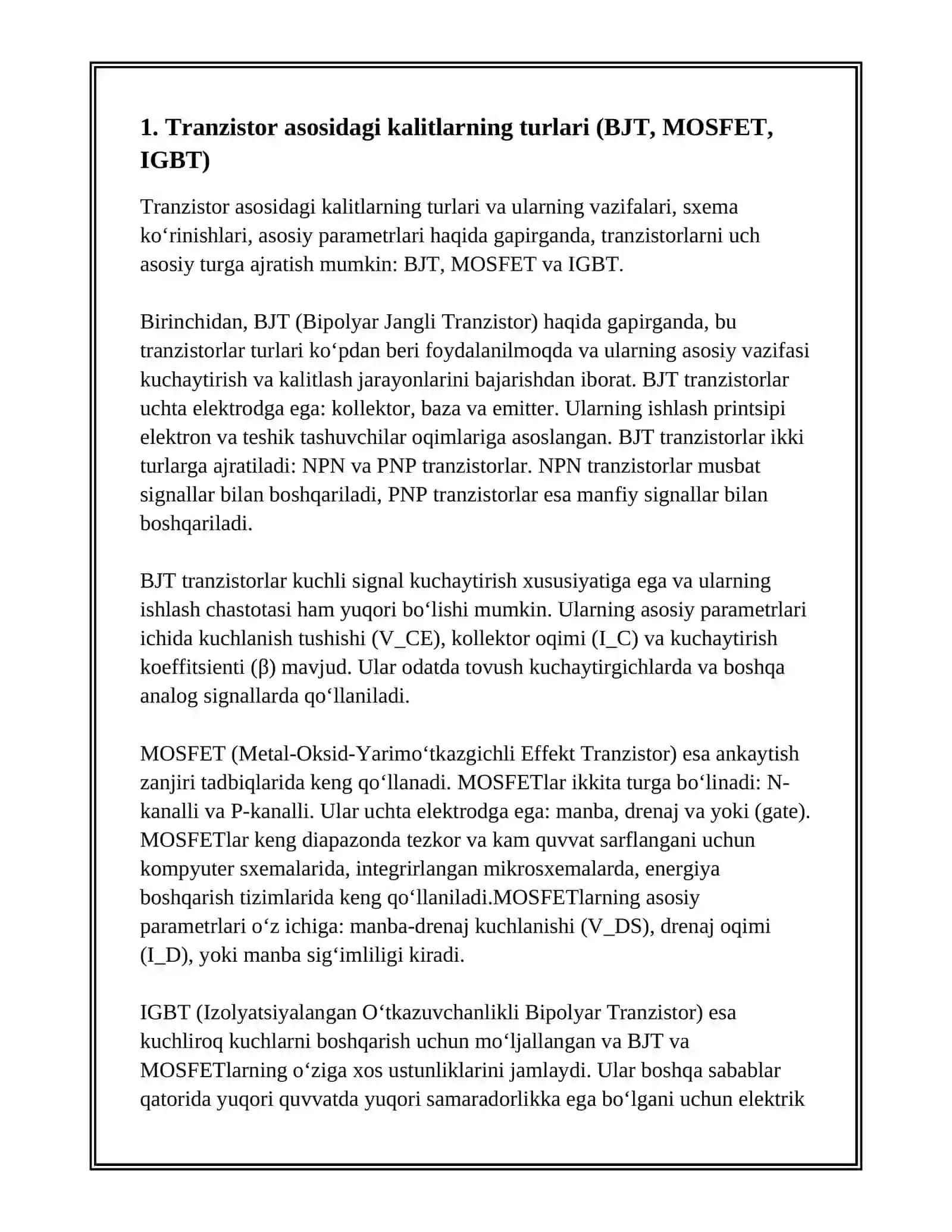 TRANZISTOR ASOSIDAGI KALITLARNING VAZIFASI SXEMA KORINISHLARI VA ASOSIY PARAMETRLARI 3