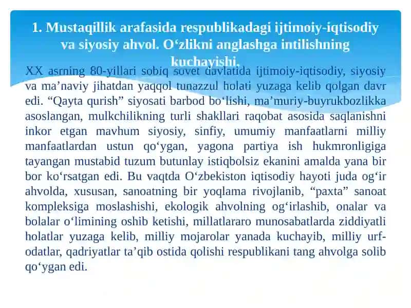 Mustaqil O‘zbekiston Respublikasi tashkil topishining tarixiy ahamiyati 3