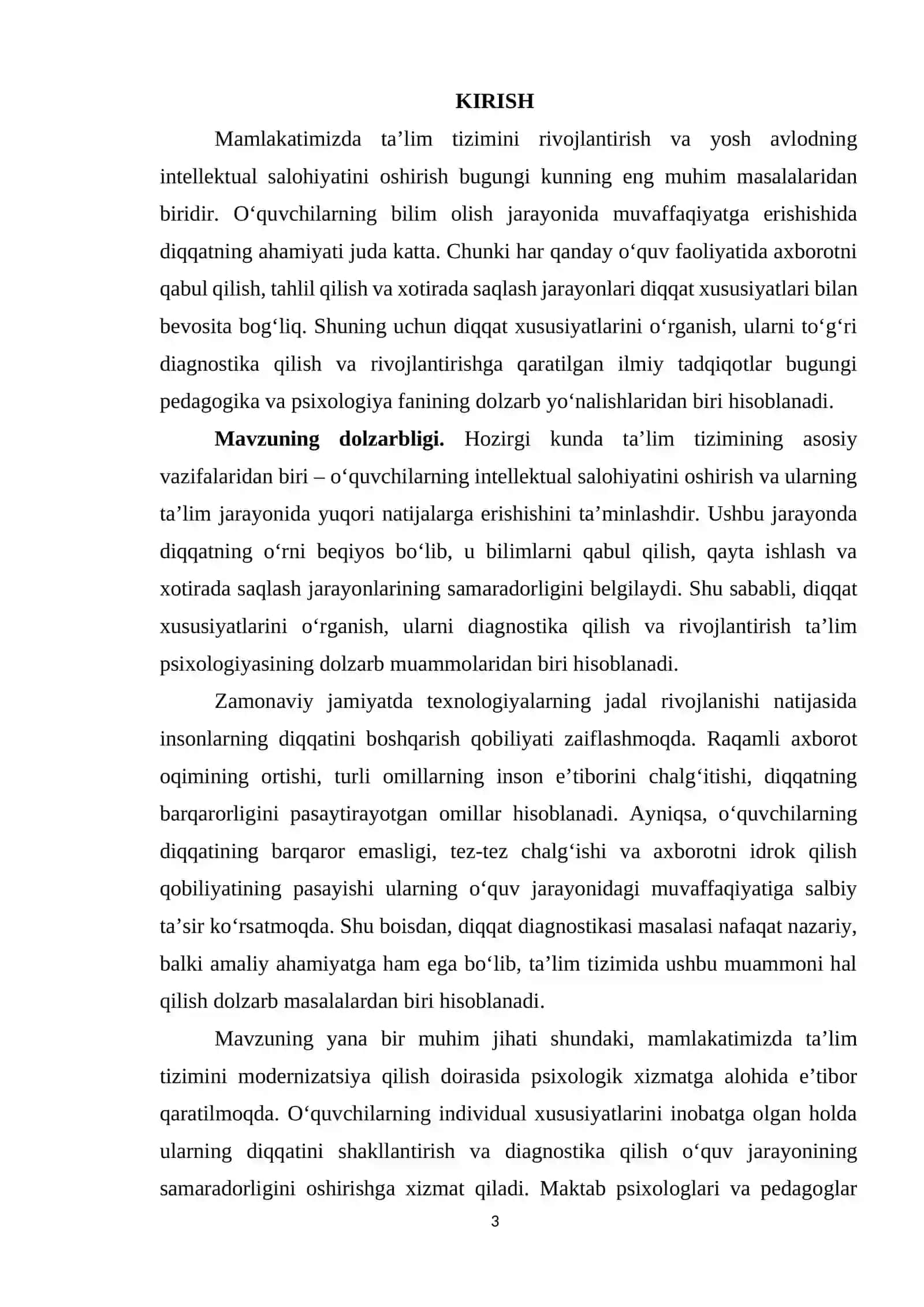 Diqqat xususiyatlari diagnostikasi kurs ishi 3