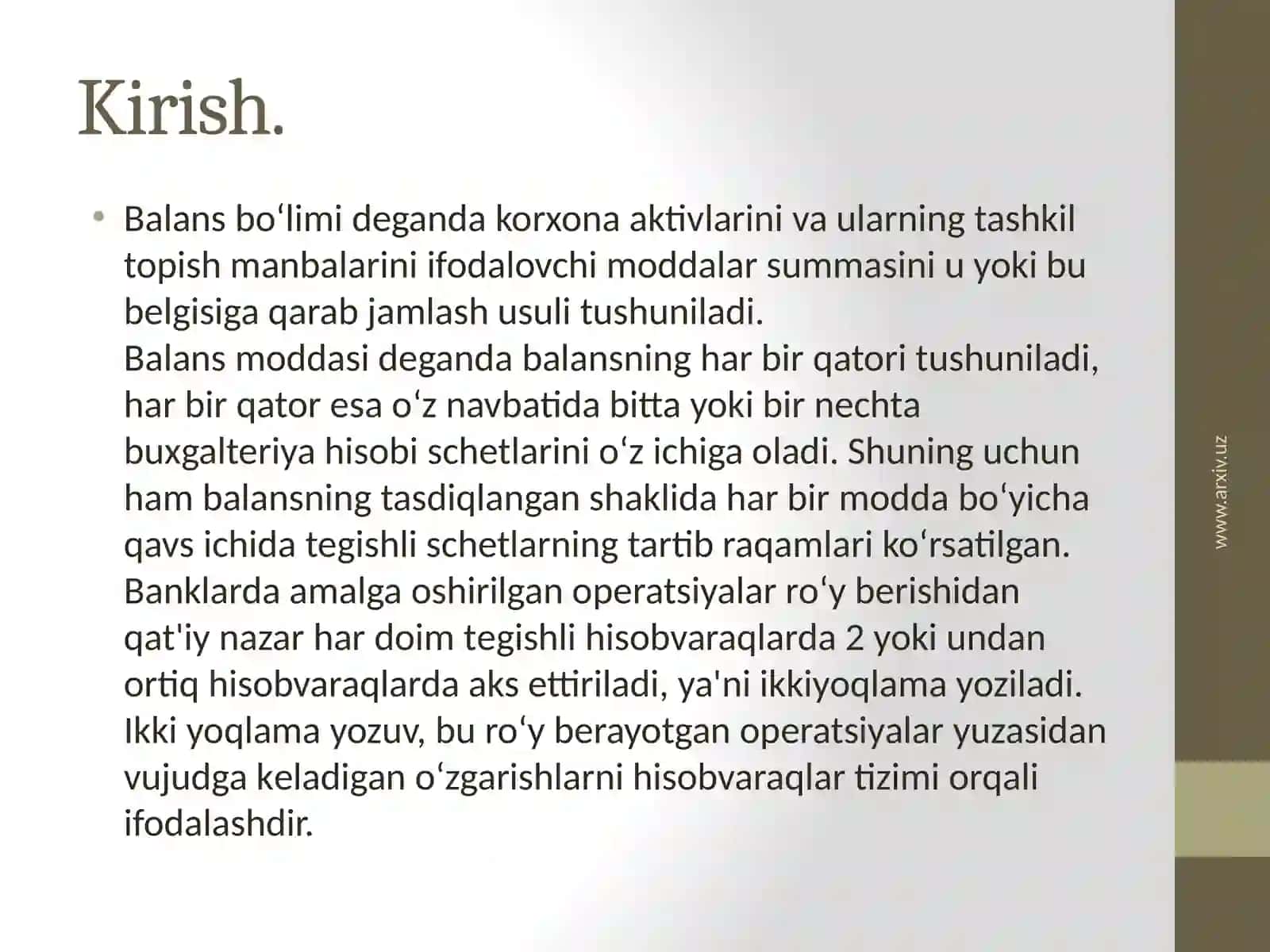 Balans moddalari va ularni o'qish tartibi. Xo’jalik jarayonlari va xo’jalik muammolari to’g’risida tushuncha 3