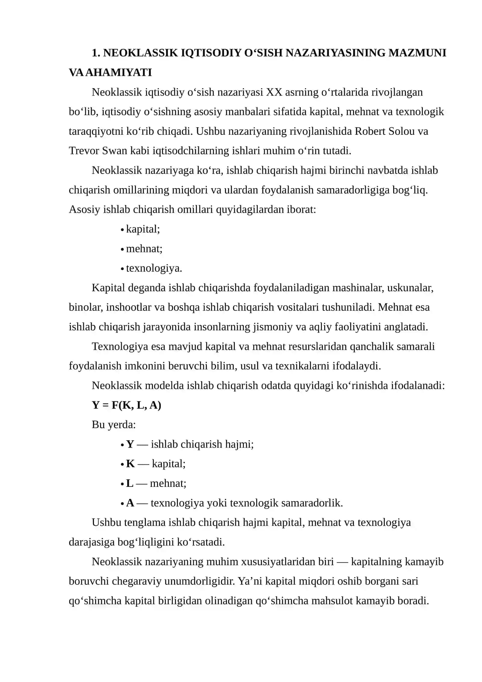 Neoklassik Iqtisodiy O‘sish Modellari va Texnologiya Omillari Solou Modeli Misolida 3