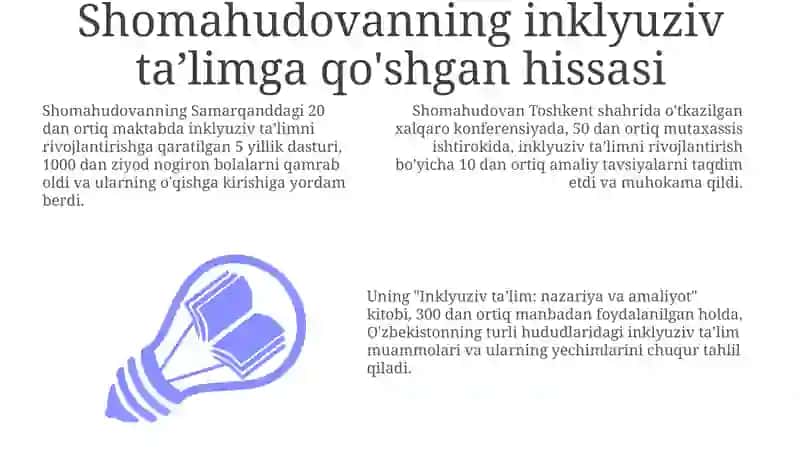 Shomahudovning inklyuziv ta'limga qo'shgan xissasi va uning ishlari haqida 3