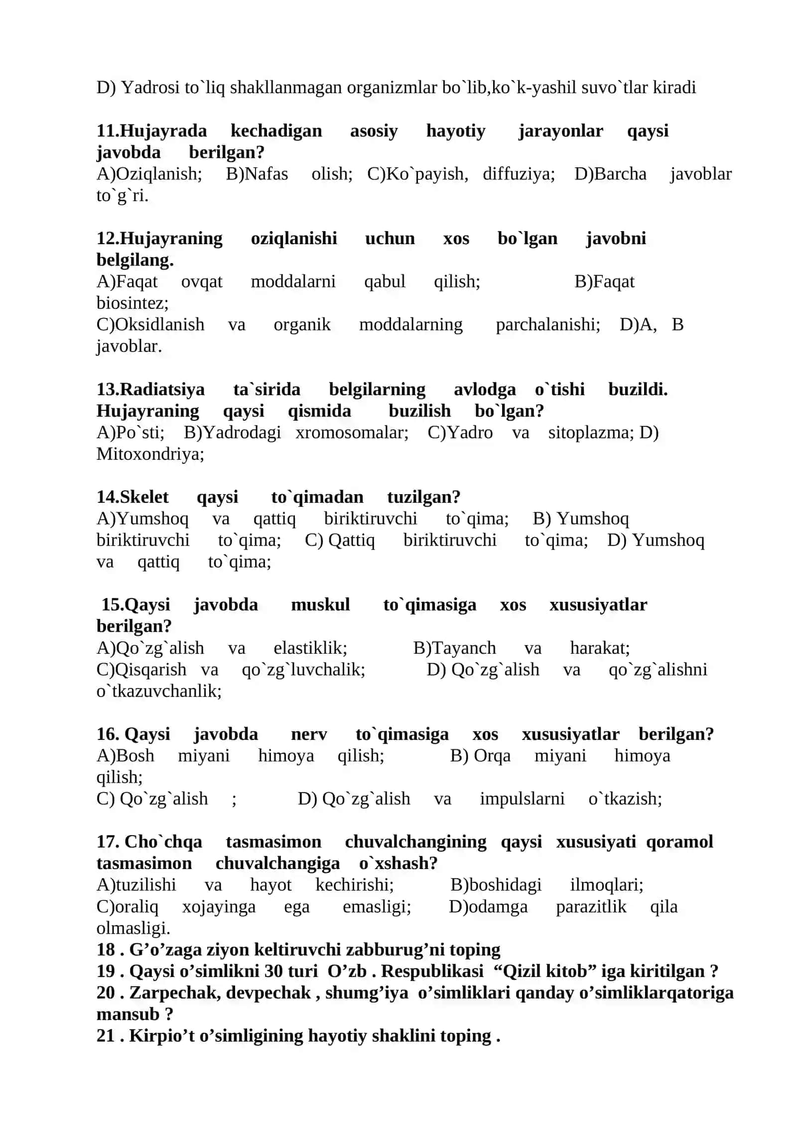 9-sinf biologiya fanidan test savollari 3