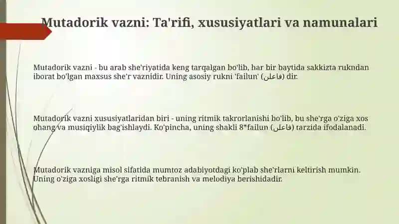 Mutadorik va Mutaqorib bahr vaznlari 3