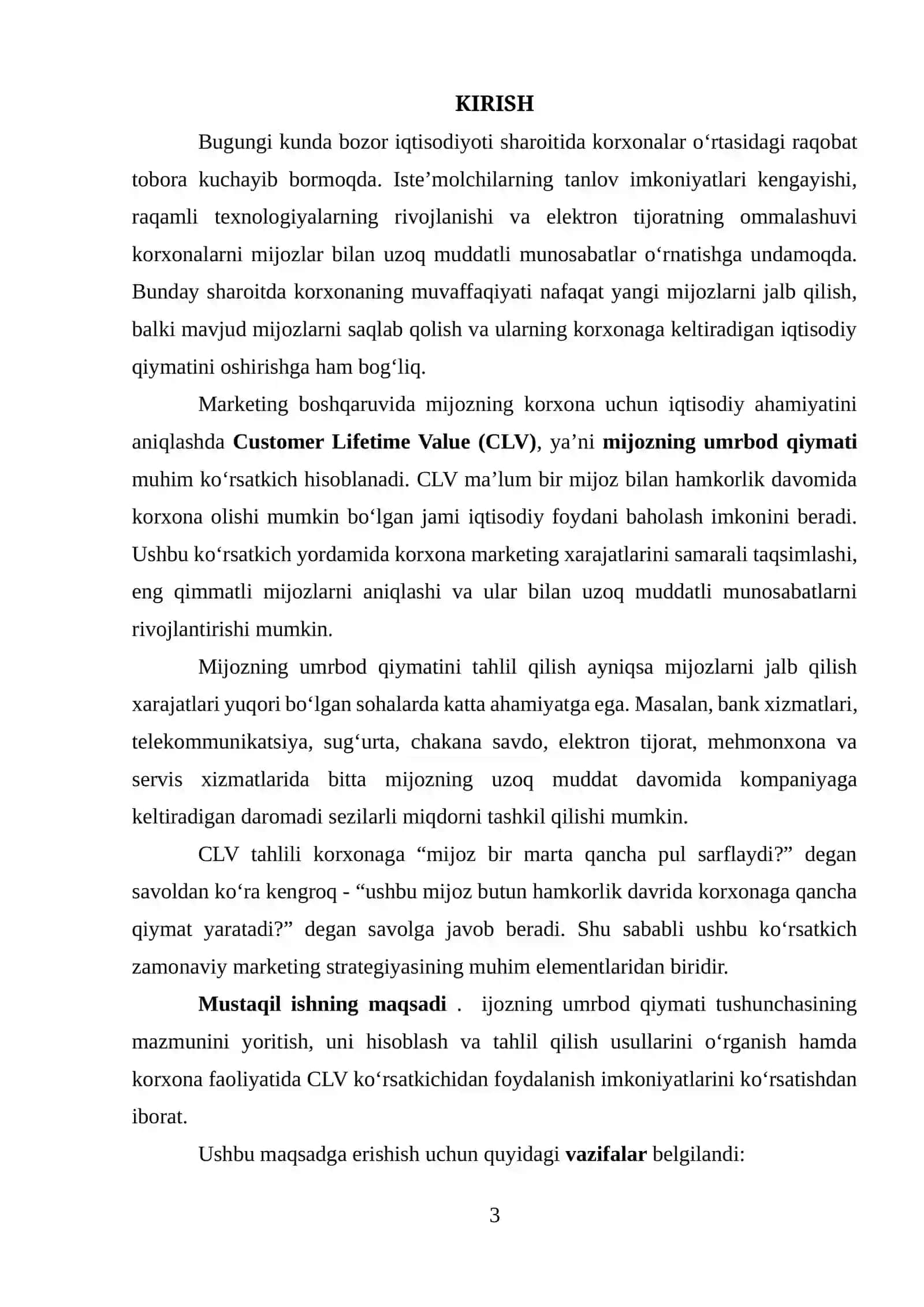 MIJOZNING UMRBOD QIYMATI (CUSTOMER LIFETIME VALUE — CLV) TAHLILI 3