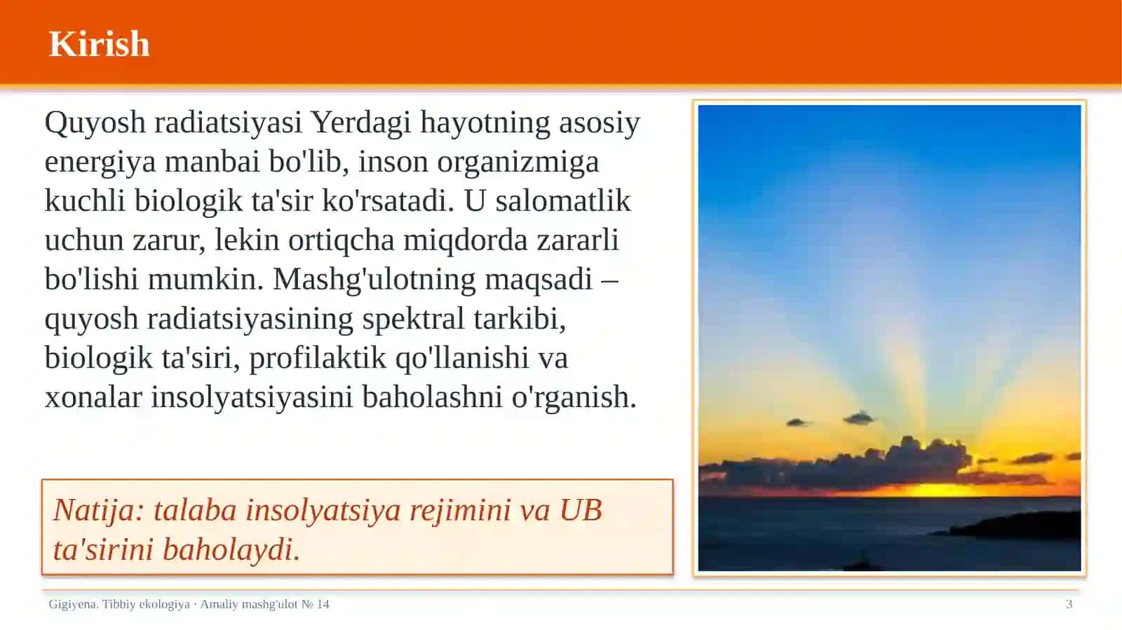 Quyosh radiatsiyasi va xonalar insolyatsiyasining fiziologik va gigiyenik ahamiyati 3