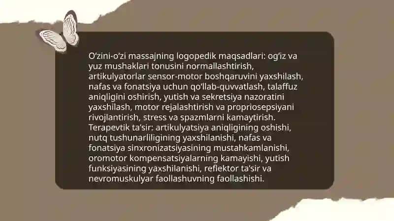 Oʻzini-oʻzi massajning logopedik maqsadlari va terapevtik ta'siri 3