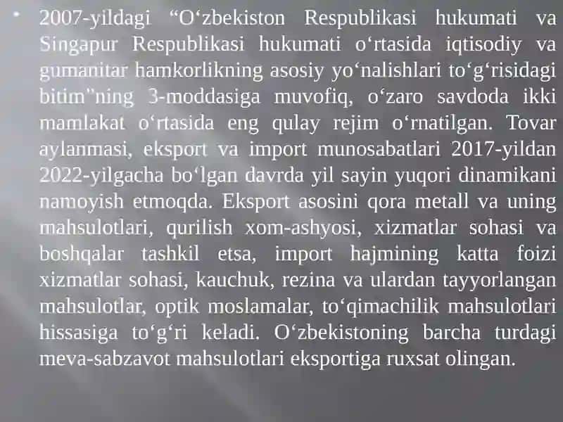 Ozbekiston-Singapur munosabatlari 3