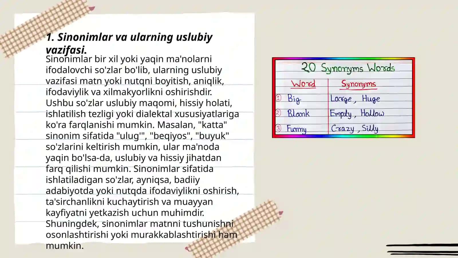 Sinonim, antonim, omonim, paronim va koʻp maʼnoli soʻzlardan uslubiy maqsadda foydalanish 3
