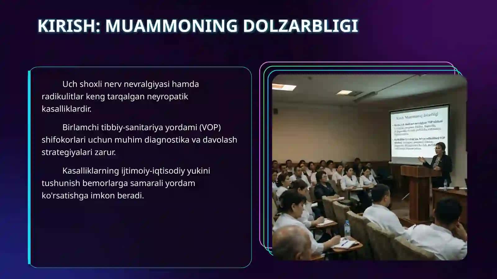 Uch shoxli nerv nevralgiyasi: VOP taktikasi. Etiologiyasi, patogenezi, klinikasi, diagnostika, dif.diagnostika, davolash, profilaktika, reabilitatsiya, dispanserizatsiya. 3
