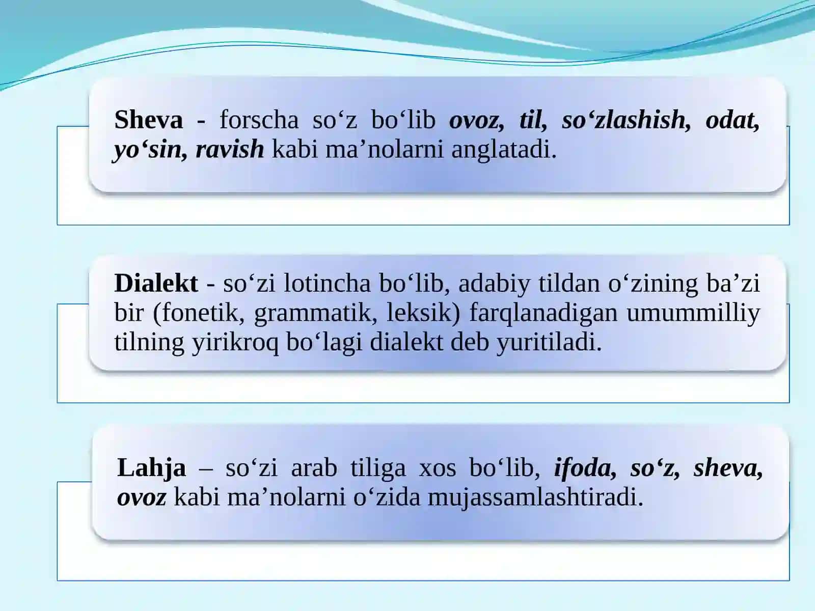 O‘zbek adabiy tili va shevalar munosabati. Real lingvistika (Lingvogeografiya) va dialektologiya. Bugungi kunda dunyo ilm-fanidagi dialektologik tadqiqotlar 3