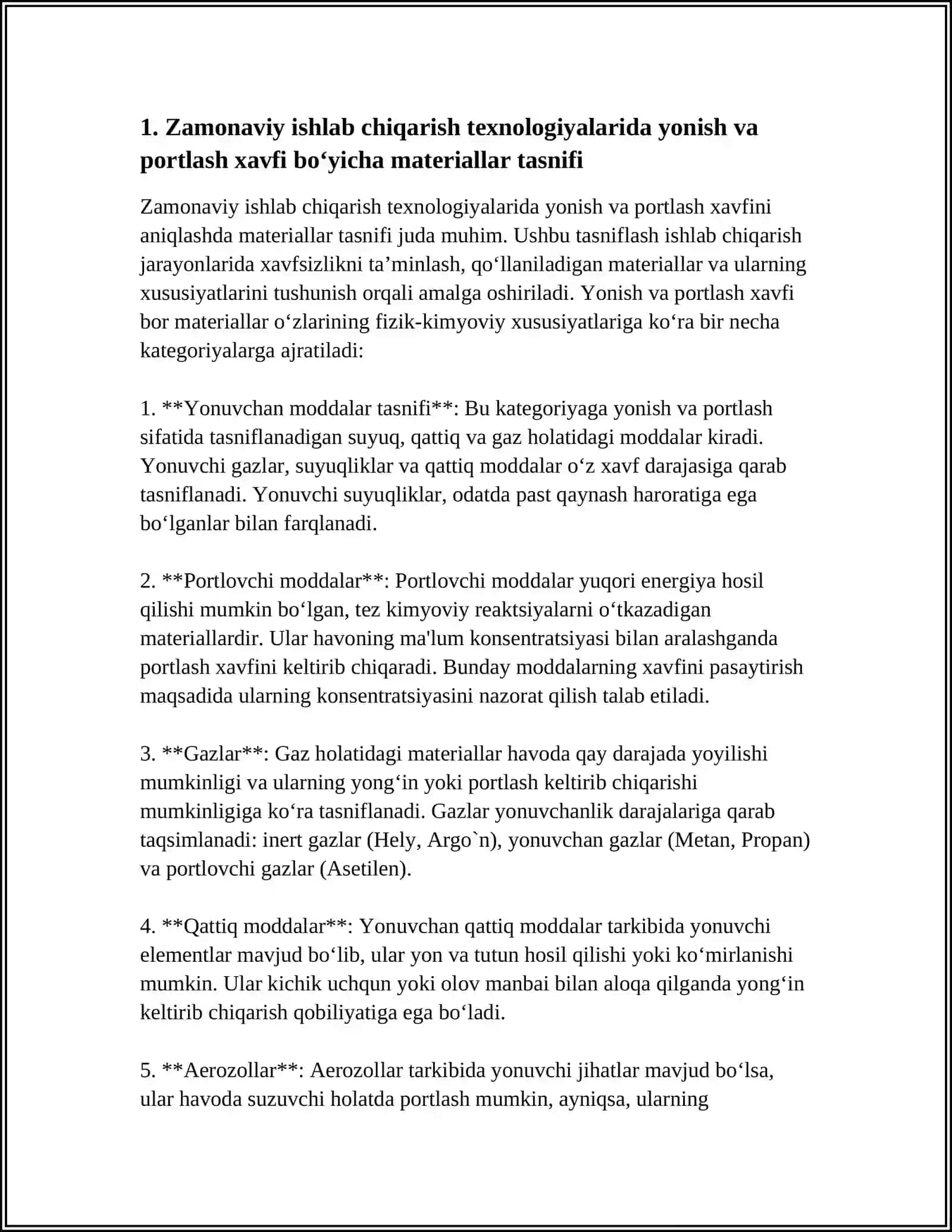 ISHLAB CHIQARISHDA QO‘LLANILADIGAN ZAMONAVIY TEXNOLOGIYALARNING YONISHI VA PORTLASH XAVFSIZLIGI BO‘YICHA KATEGORIYALARGA BO‘LINISHINI O‘GANISH 3