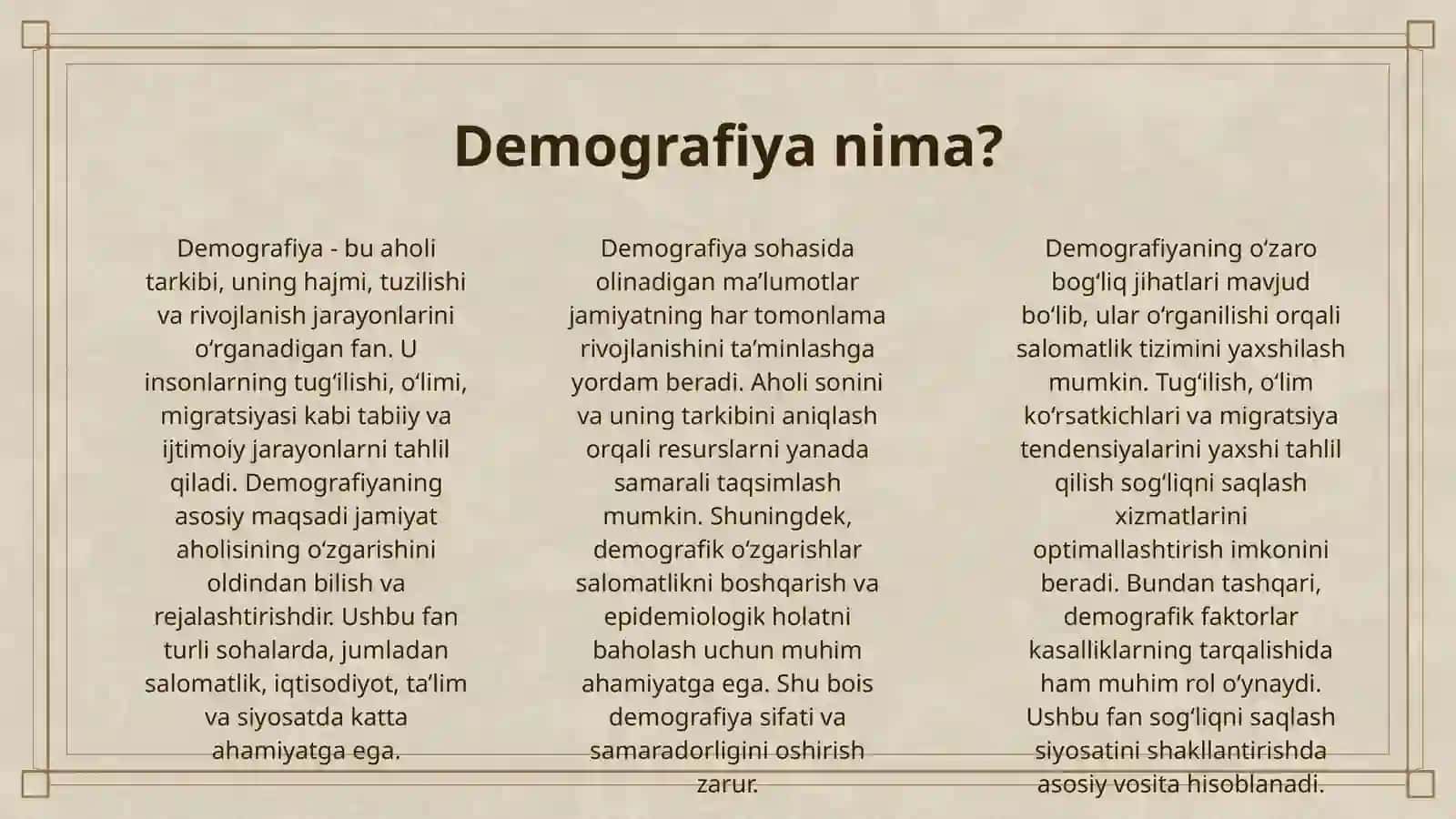 DEMOGRAFIYA, UNING SALOMATLIKDAGI O‘RNI 3