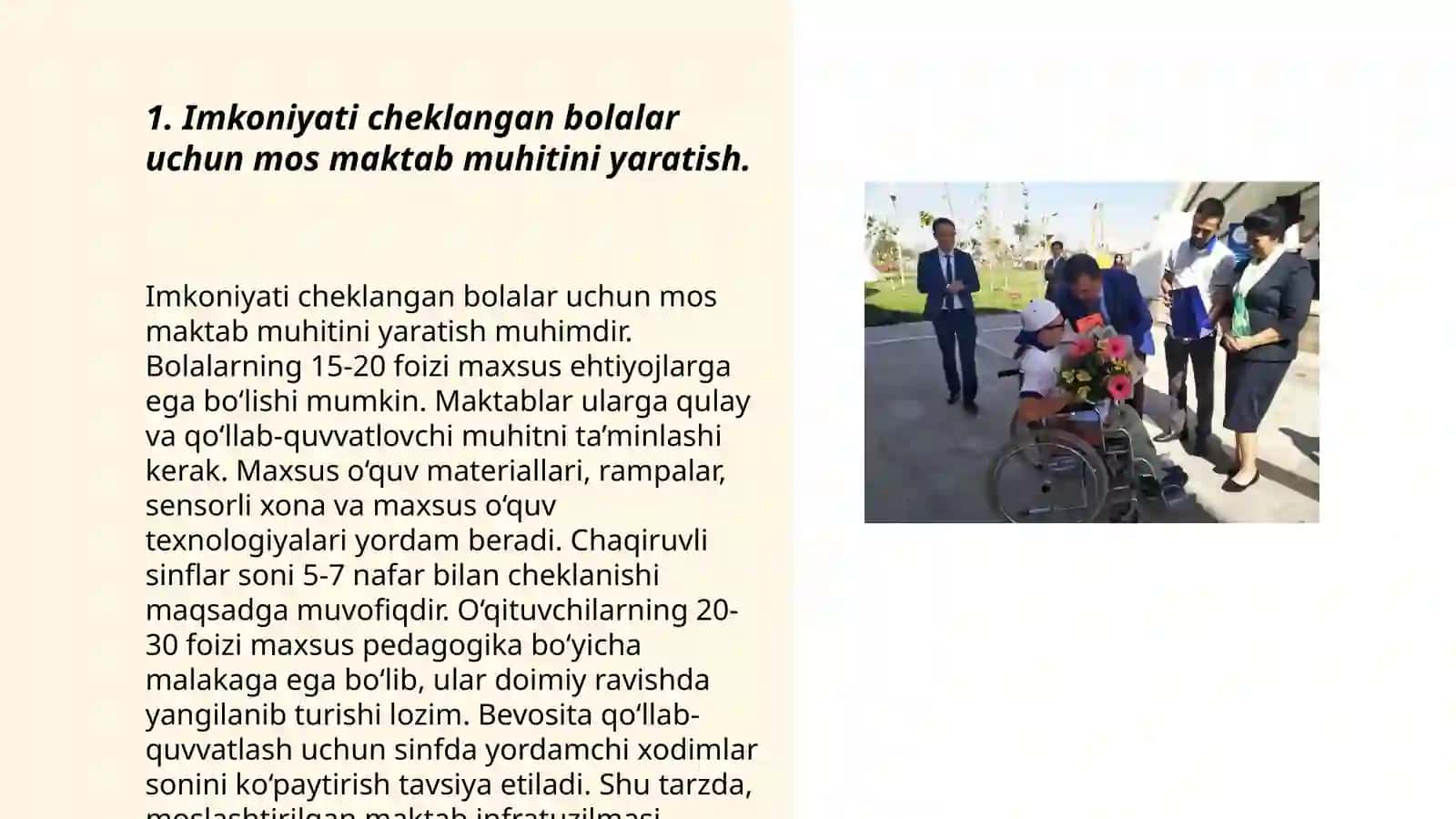 Imkoniyati cheklangan bolalarga maktab va sinf xonalarini moslashtirish va korreksion yordam va ularning huquqiy, pedagogik aspektlari 3
