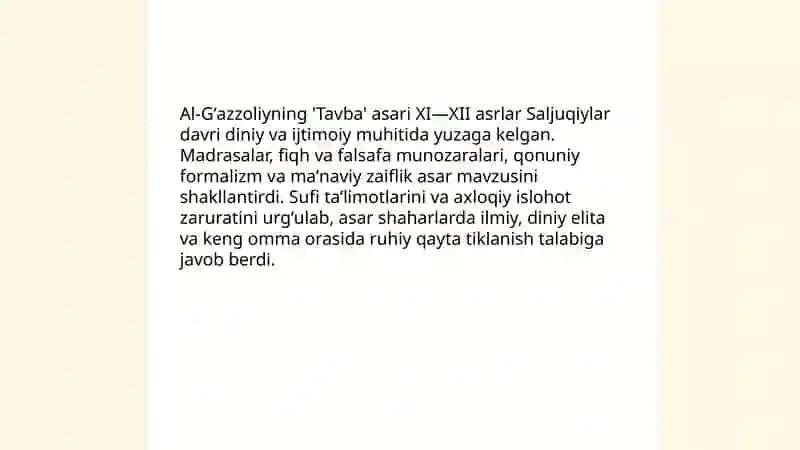 Gʻazzoliyning "Tavba" asari asosida din va axloq tushunchalarining yoritilishi 3
