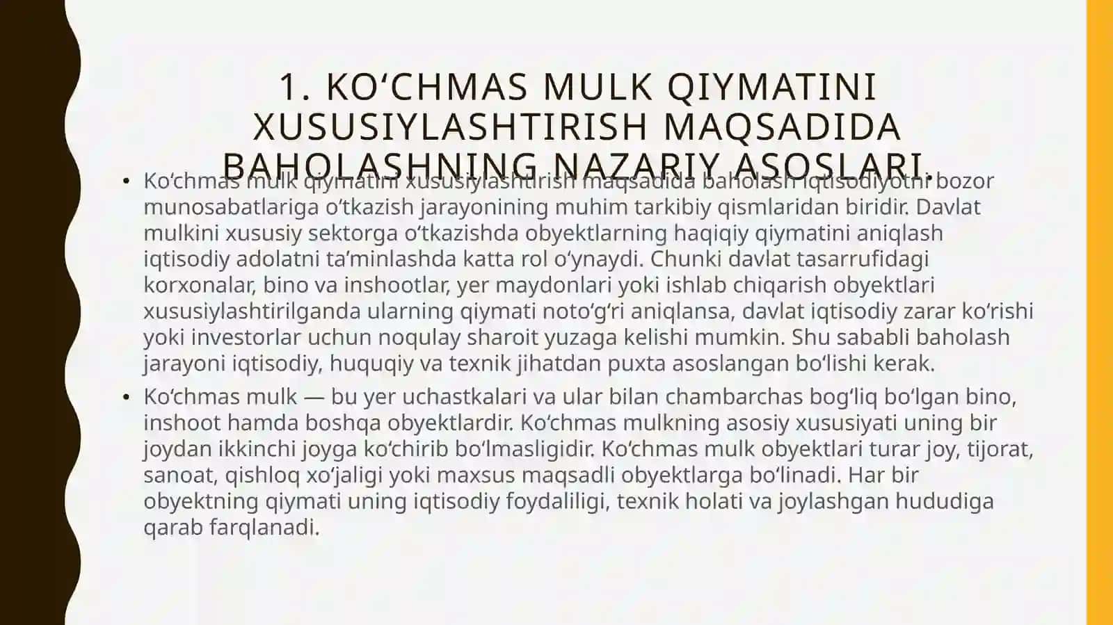 Ko'chmasmulk qiymatini xususiylashtirish maqsadi baholash 3