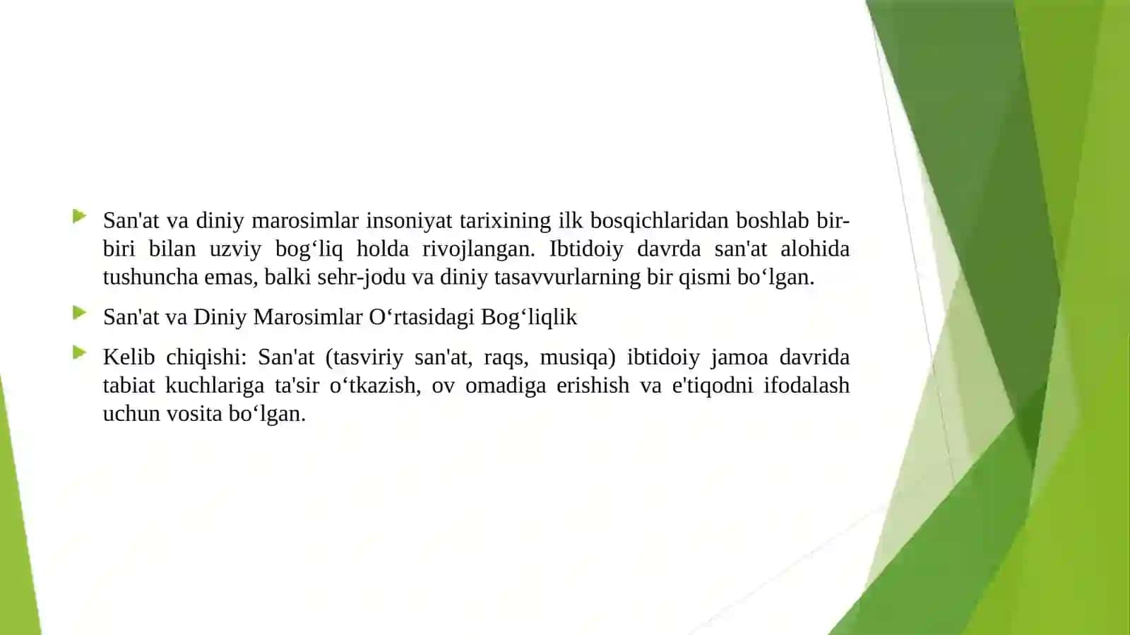 SAN'AT VA DINIY MAROSIMLAR O'RTASIDAGI BOG'LIQLIK. IBTIDOIY SAN'ATDAGI SINKRETIZM VA UNING BELGILARI.SAN'ATSHUNOSLIK METODLARI TARIXIY, QIYOSIY VA TAHLILIY YONDASHUV.SAN'AT ASARINING SHAKL VA MAZMUN JIHATIDAN TAHLILI. 3