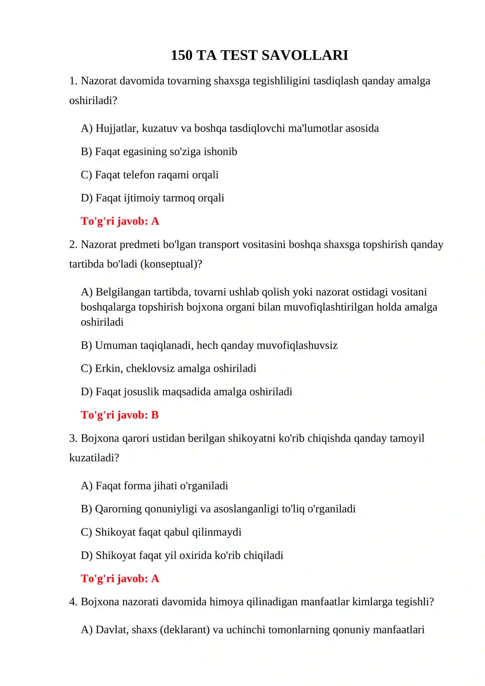 BOJXONA TEKSHIRUVI TESTLARI 3