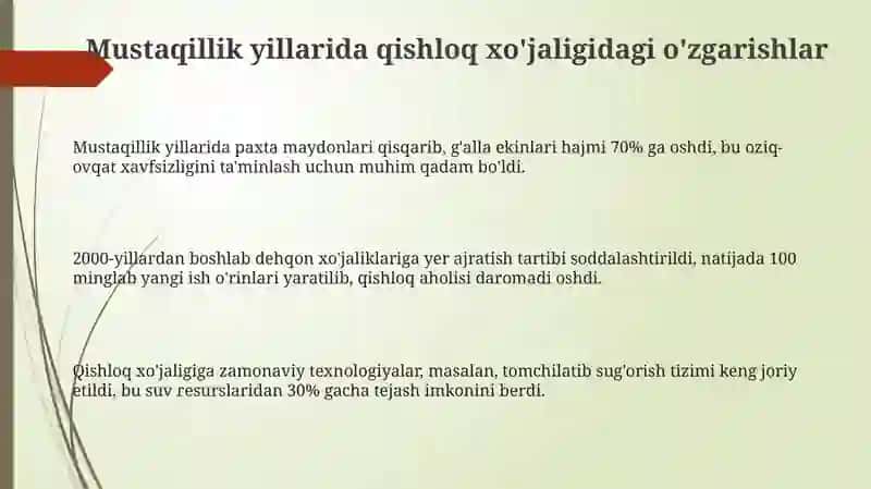 Mustaqillik yillarida qishloq xo'jaligidagi o'zgarishlar 3