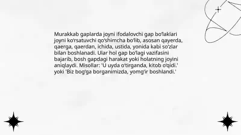 Murakkab gaplarda joyni ifodalovchi gap bo‘laklari 3