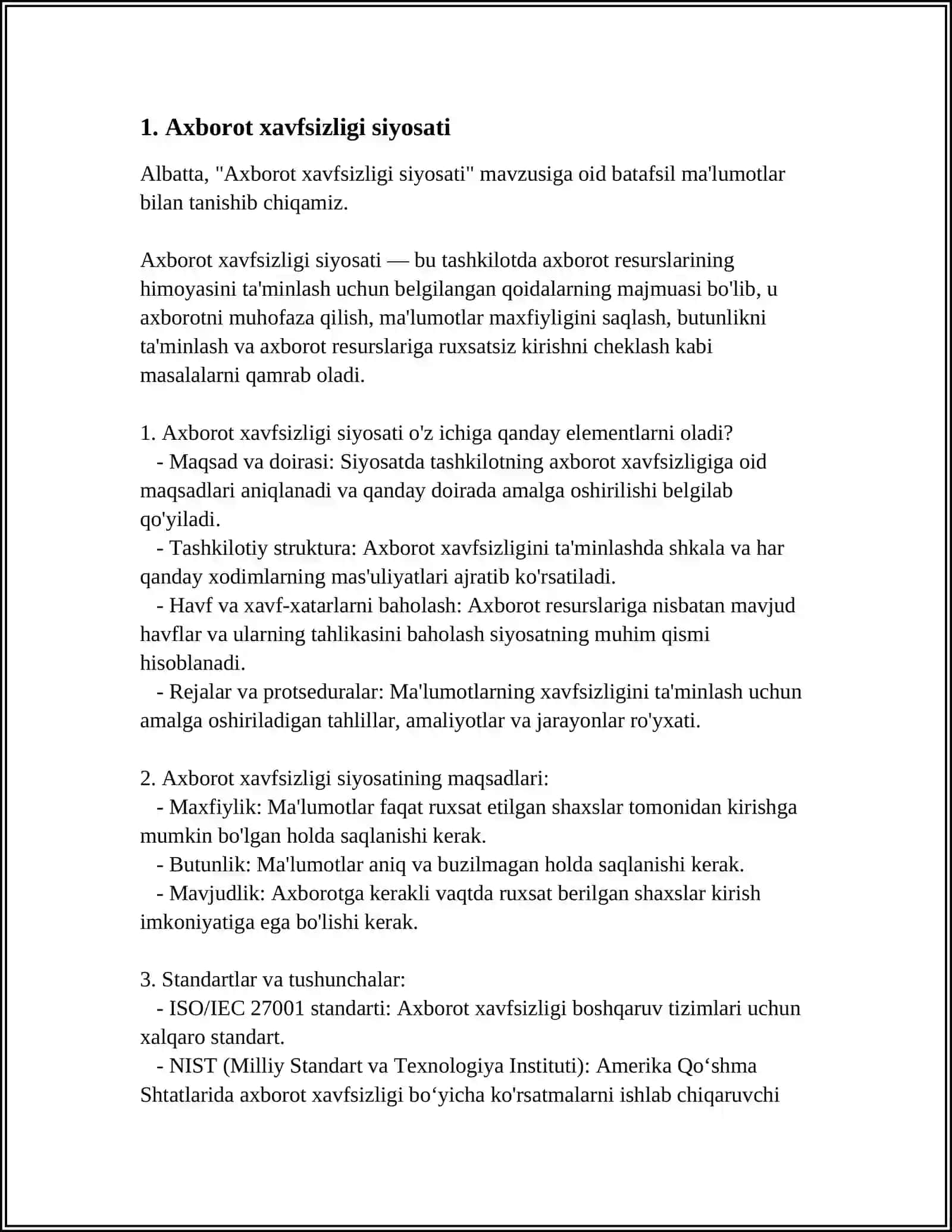 ISO 27002 STANDARTI TAXLILI VA TASHKILOT XAVFSIZLIGI SIYOSATINI ISHLAB CHIQISH 3
