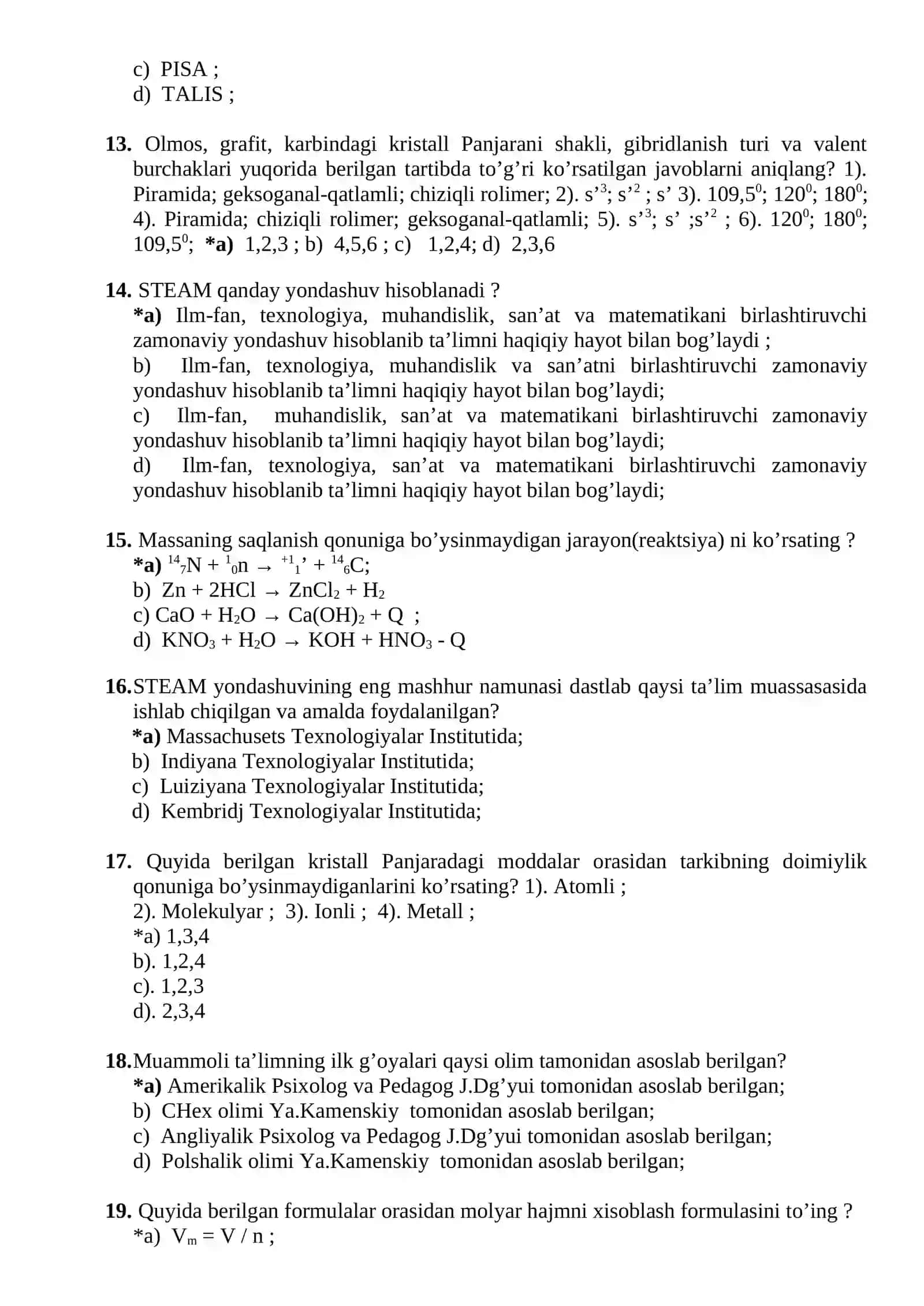 Kimyo fanidan testlar 3