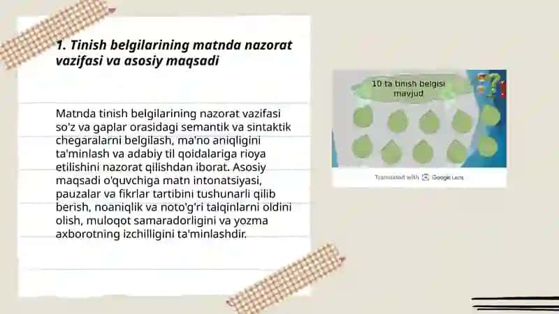 Tinish belgilarining matnda o'rinli qo'llanilishi sabablari va maqsadi haqida izohlovchi mulohazalar yozish 3