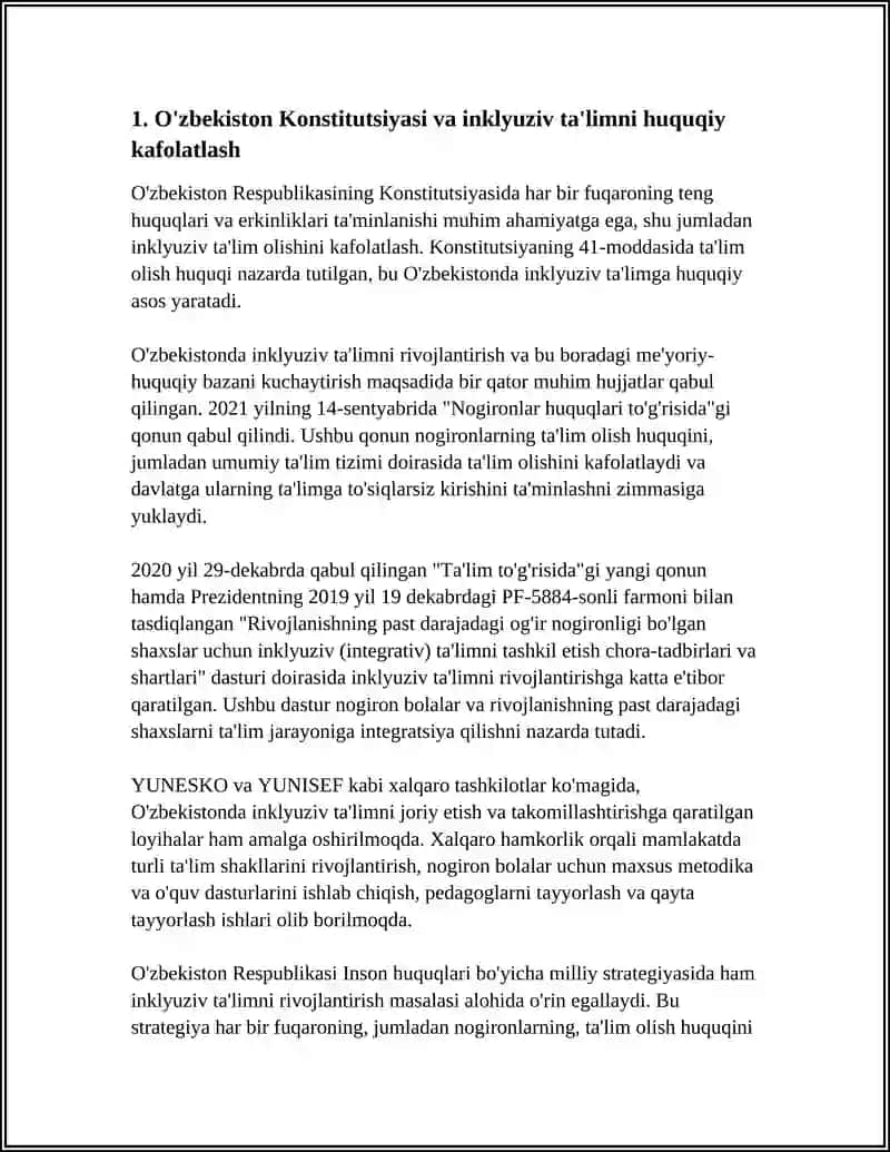 O'ZBEKISTONDA INKLYUZIV TALIMNING MEYORIY HUQUQIY BAZASINI TAHLIL QILISH 3