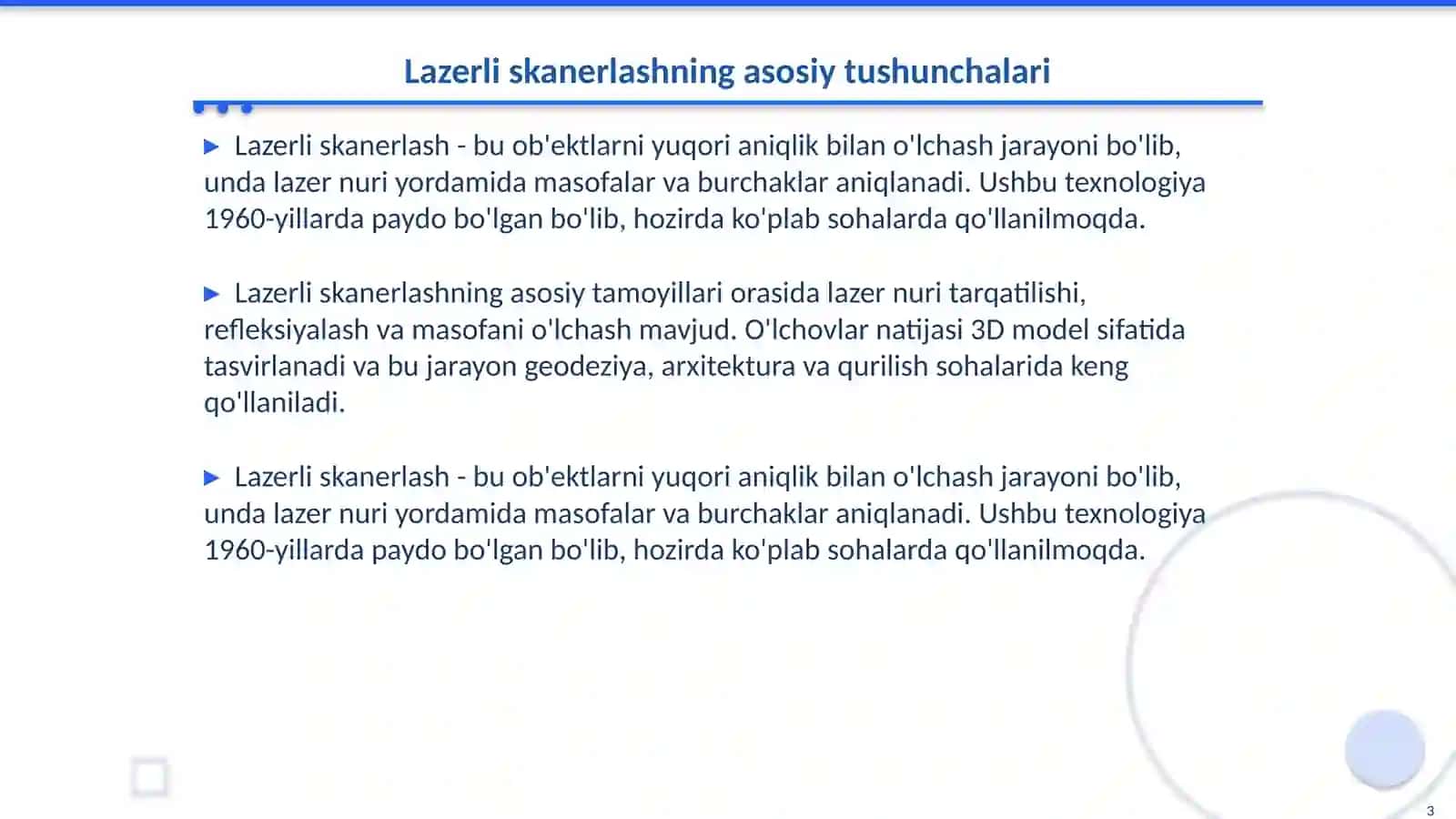 Yerdan bajarilgan lazerli skanerlashlarda burchak kattaliklarini o‘lchash usullari. Yerdan lazerli skanerlovchi skanerning obzori va klassifikatsiyasi. Yerdan lazerli skanerlashda xatoliklar manbalari. Trimble kompaniyasining yer usti lazerli skanerlari 3