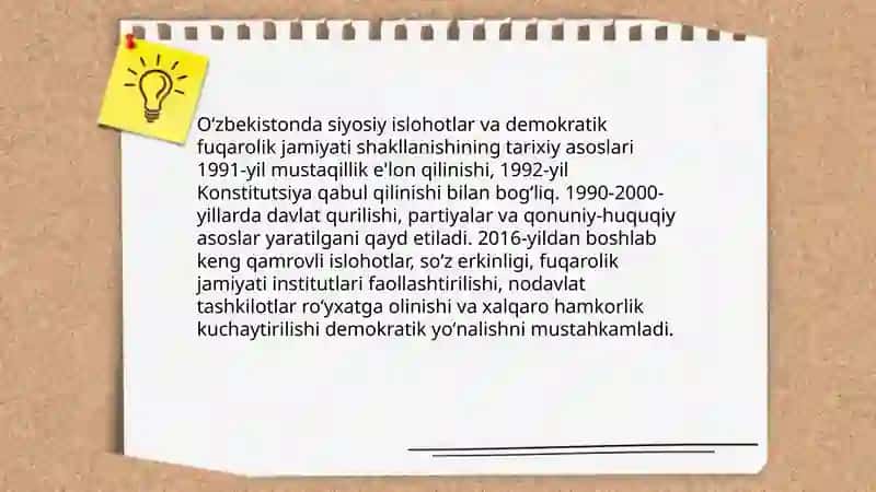 Oʻzbekistonda demokratik fuqarolik jamiyati asoslarining shakllanishi amalga oshirgan siyosiy islohatlar 3