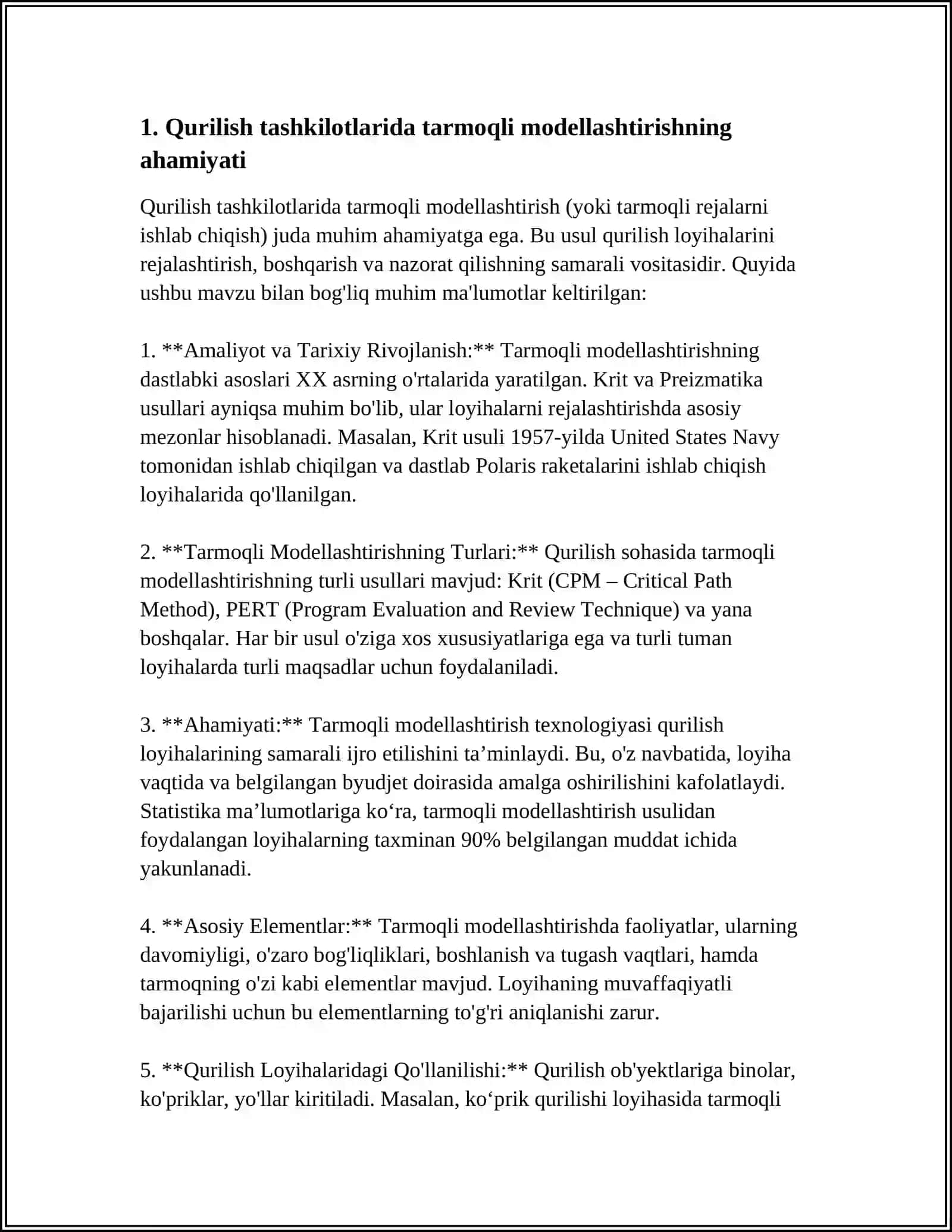 QURILISH TASHKILOTLARI FAOLIYATIDA TARMOQLI MODELLASHTIRISHDAN FOYDALANISH 3