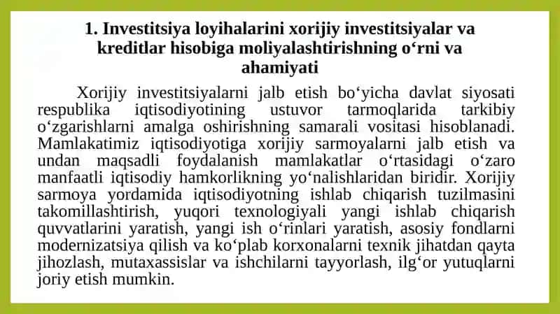 XORIJIY INVESTITSIYALAR VA KREDITLAR HISOBIGA LOYIHALARNI MOLIYALASHTIRISH 3