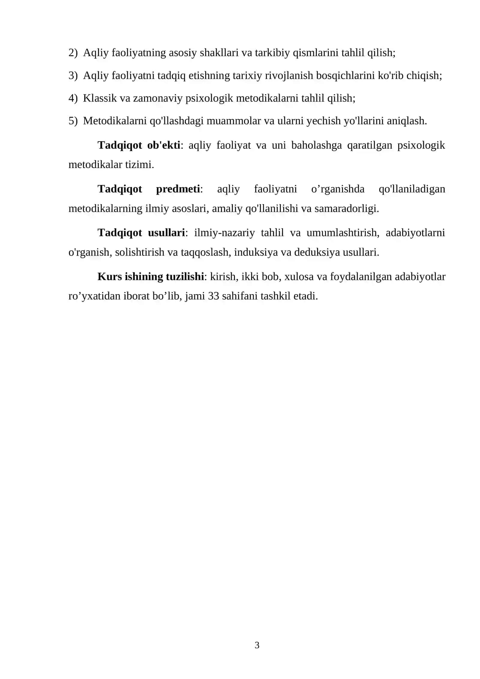 Aqliy faoliyatni o’rganish uchun metodikalar mavzusidagi kurs ishi 3