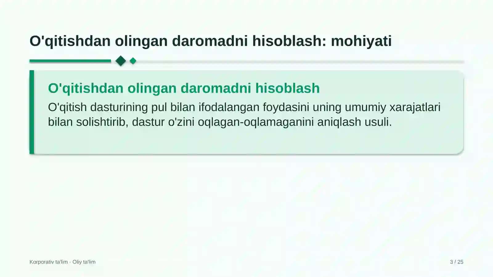 Dilerlik tarmoqlarida o'qitishdan olingan daromadni hisoblash 3