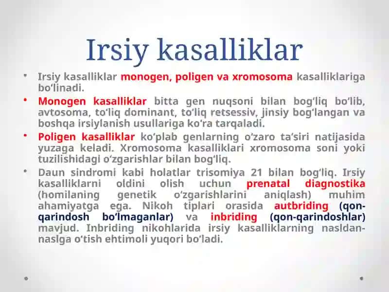 Irsiy kasallikning tasnifi (gen, xromosoma, genom kasalliklari). 3