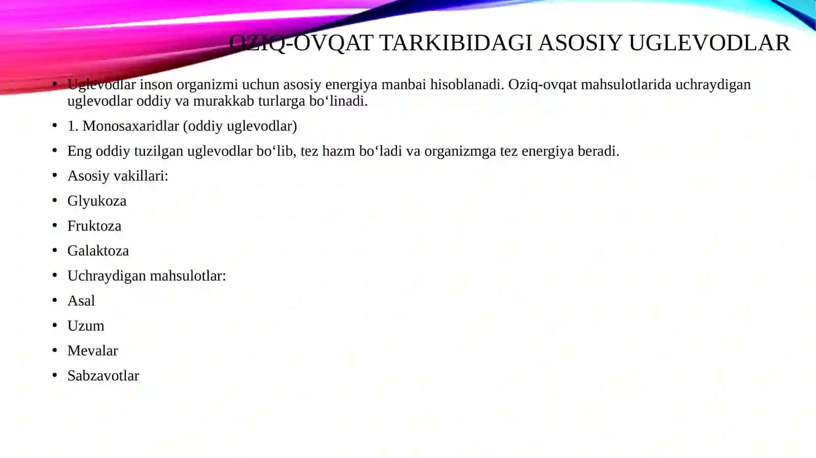 UGLEVODLAR. MONOSAXARIDLAR TUZILISHI VA XOSSALARI. DI-, GOMO- VA GETEROPOLISAXARIDLAR 3
