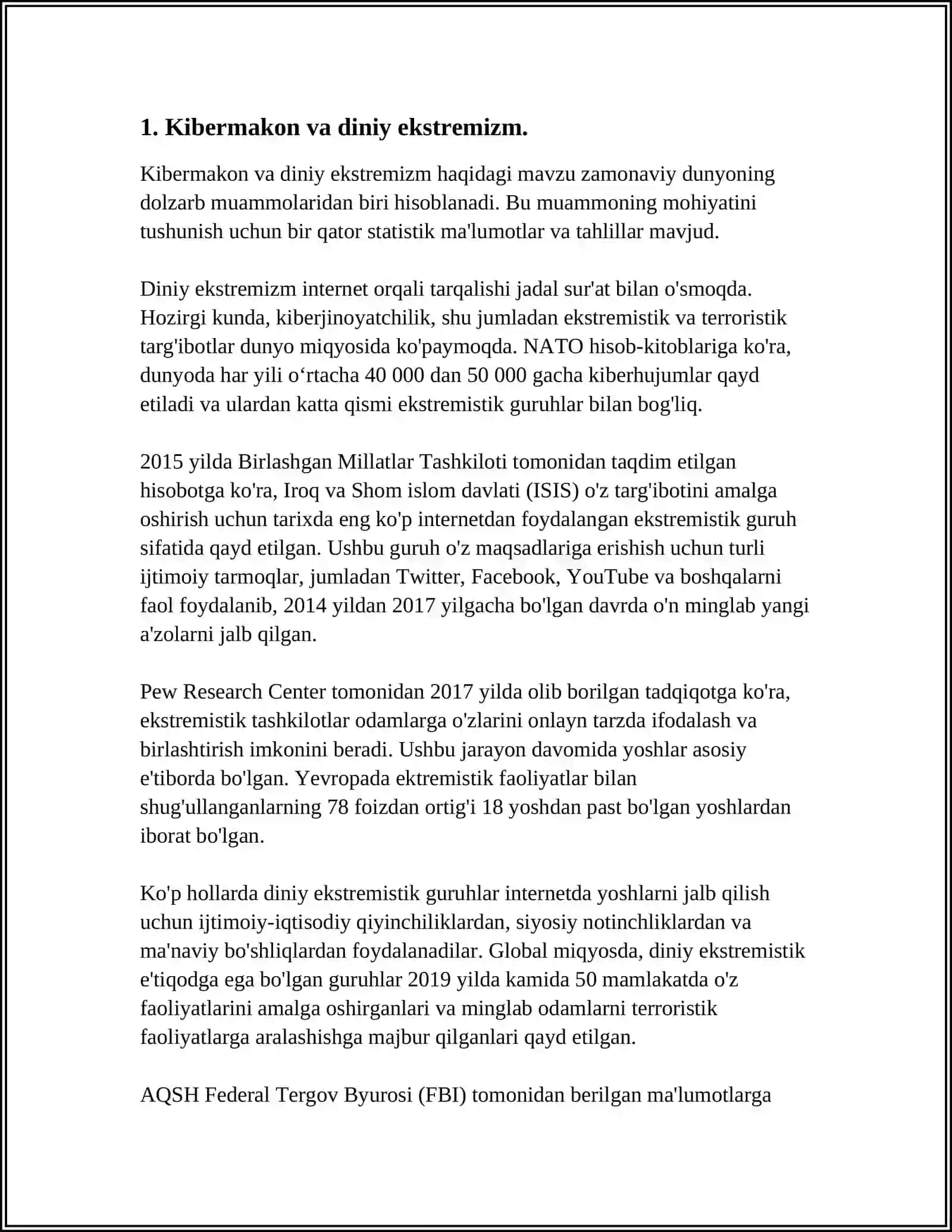 KIBERMAKONDA DIN OMILI. IJTIMOIY TARMOQLARDA DINIY EʼTIQOD TARGʻIBOTINING IJTIMOIY XAVFI. YANGI DINIY SEKTALAR VA XARAKATLAR 3