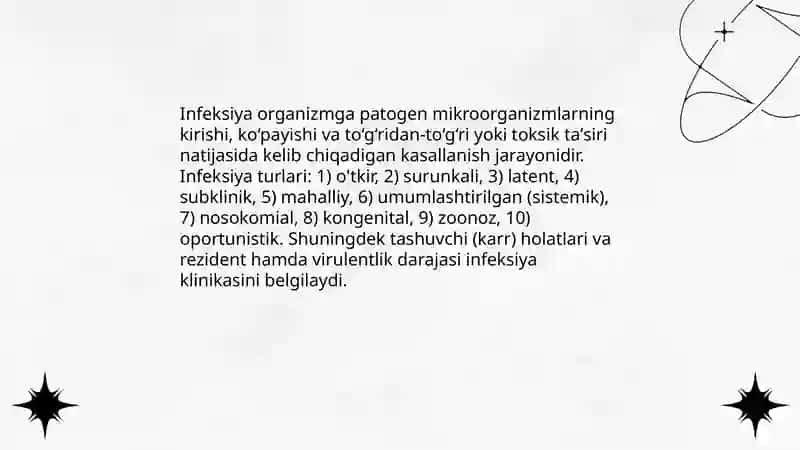 Infeksiya.Mikro va makro organizmlarning oʻzaro ta'siri, shakllari. Yuqumli jarayonlar.Bakteriyalarning patogenlik va virulentlik xususiyatlari. Makroorganizmlarning genetikasi va oʻzgaruvchanligi 3