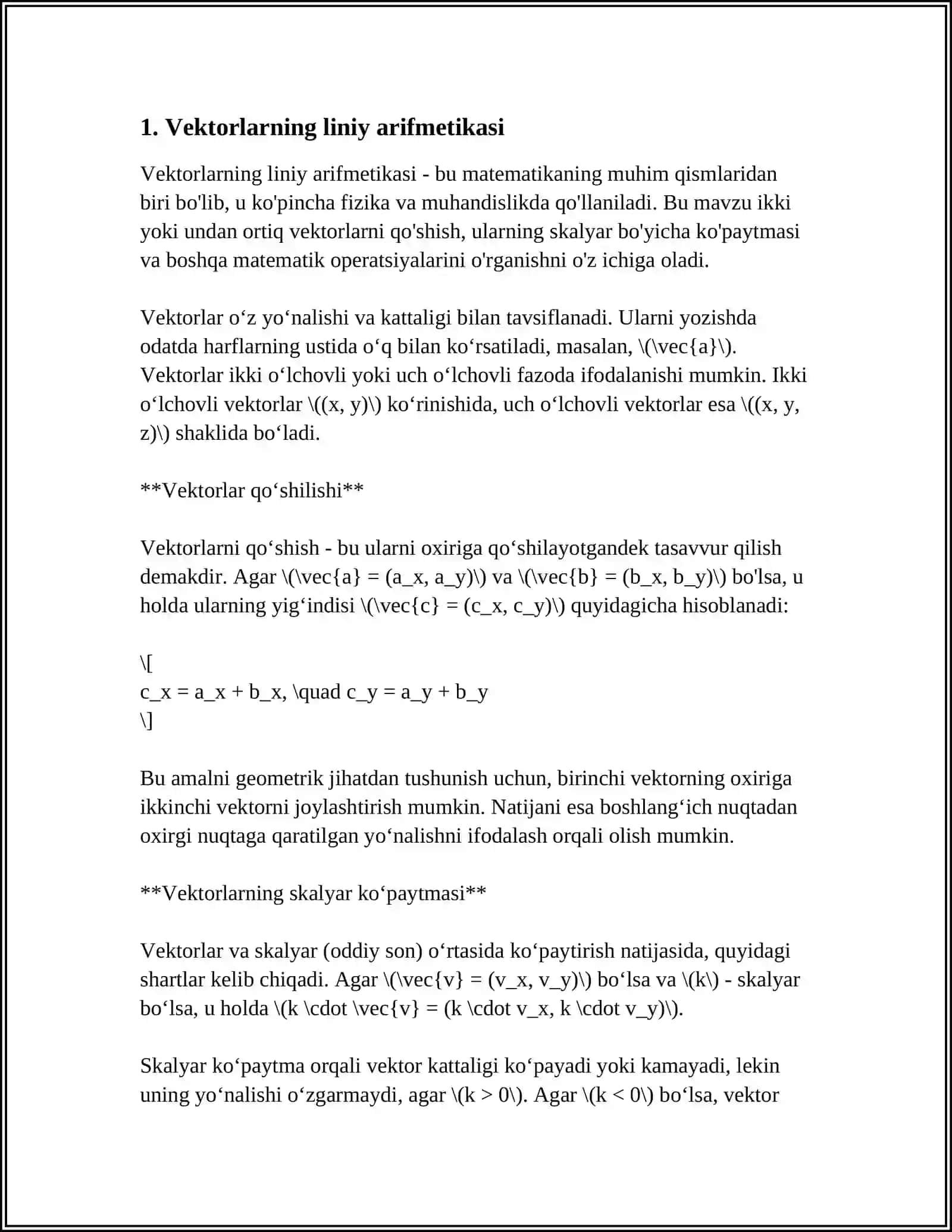 MUSTAQIL ISH Mavzu: BUNYOD: VEKTÒR KÒPAYTMANING GEOMETRIK MASALALAR YECHISHGATADBIQLARI LAPITAL QOIDASI QÒLLASH MUMKUN BÒLGAN HOLATLAR. FUNKSIYA DIFERENSILIDAN TAQRIBIY HISOBLASHDA FOYDALANISH 3