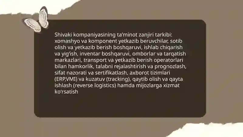 Shivaki kompaniyasining taʼminot zanjiri tuzilmasi va asosiy komponentlari 3
