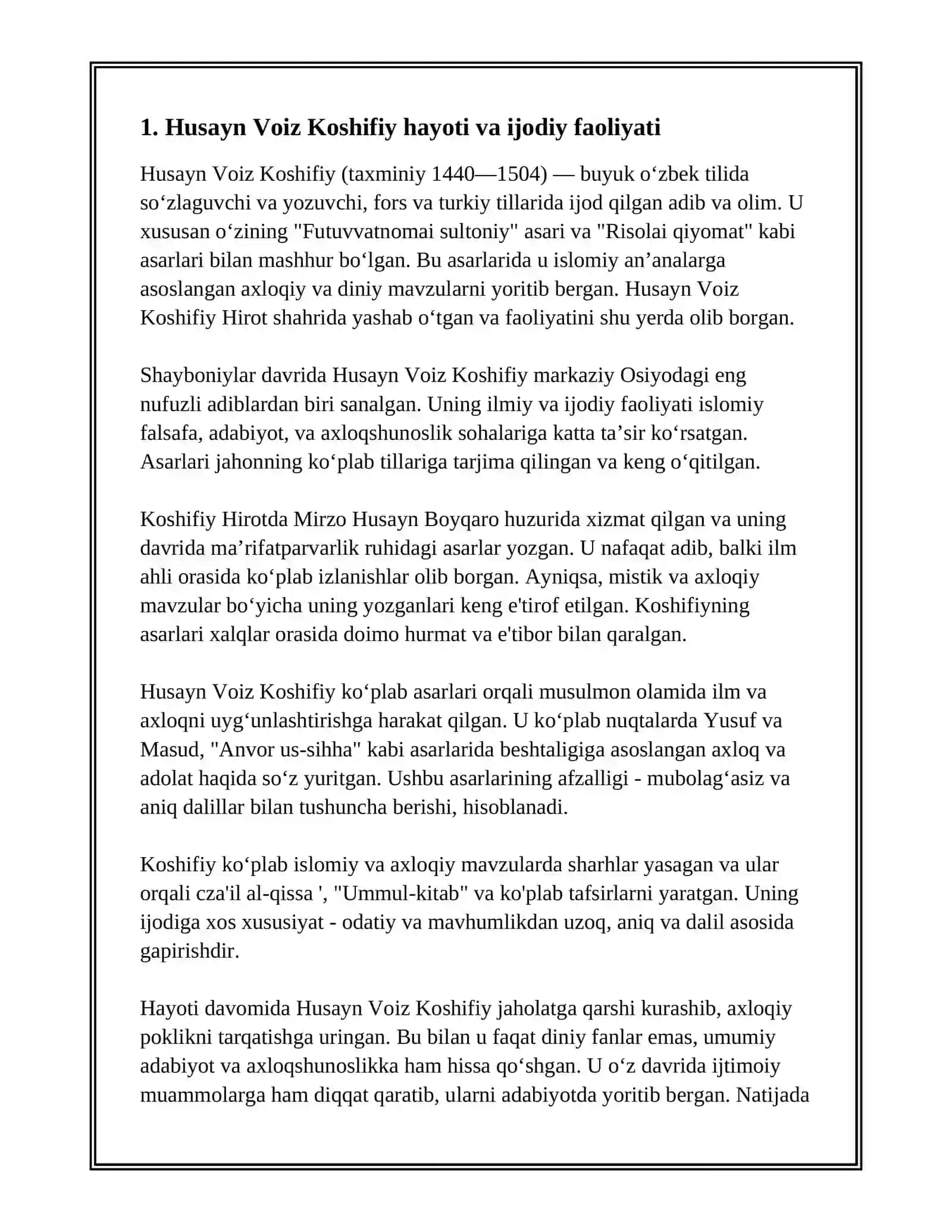 HUSAYN VOIZ KOSHIFIYNING “FUTUVATNOMAI SULTONIY” ASARINI O‘QISH 3