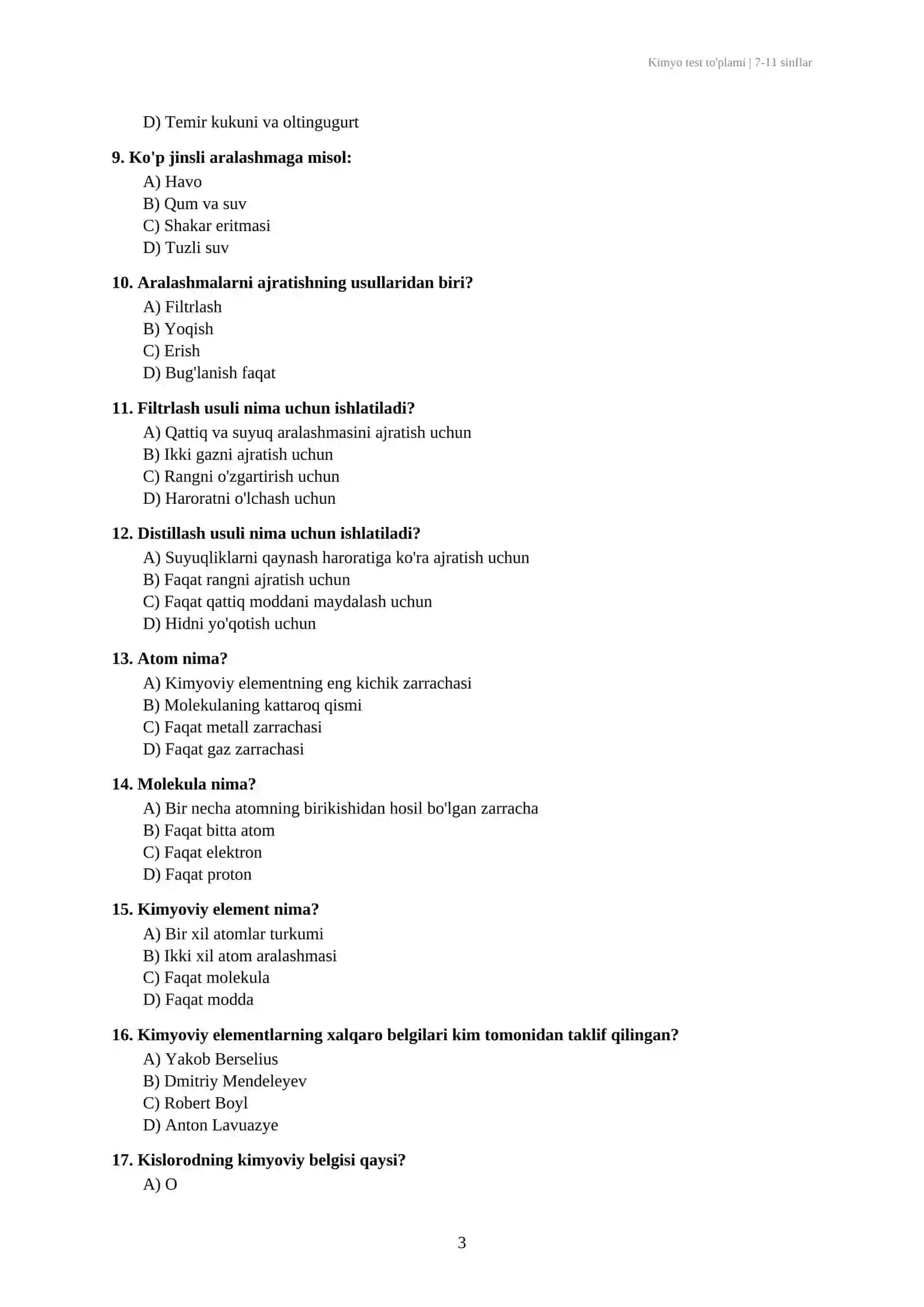 Kimyo fanidan test 7-11 sinflar 3