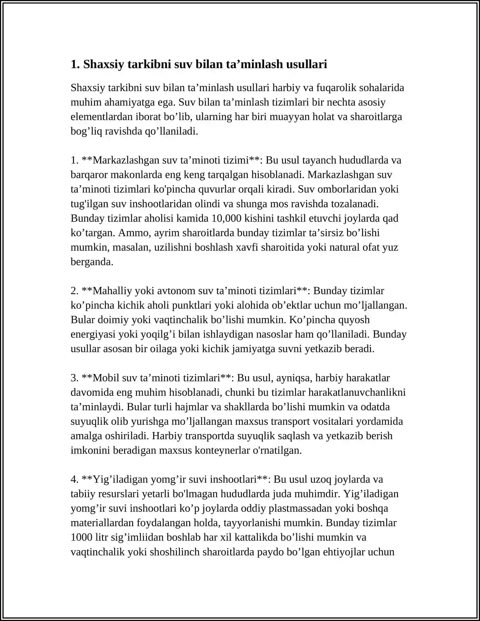 SHAXSIY TARKIBNI DOIMIY JOYLASHUV PUNKTI VA DALA SHAROITIDA SUV TAMINOTIGA BO'LGAN SANITAR GIGIENIK TALABLAR 3