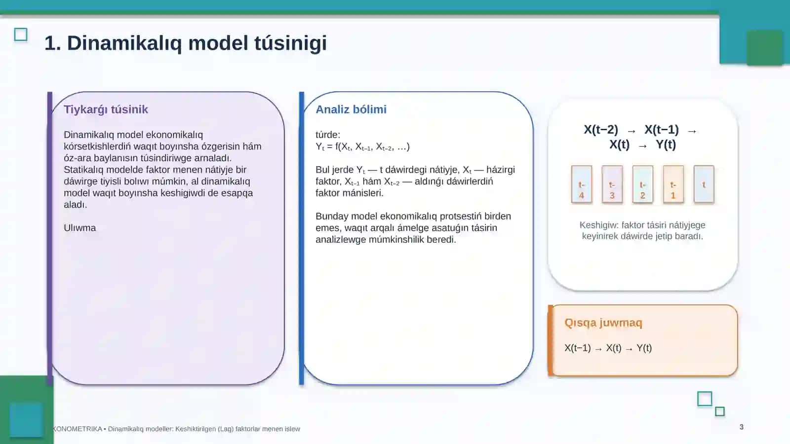 Dinamikalıq modeller: Keshiktirilgen (Lag) faktorlar menen islew 3