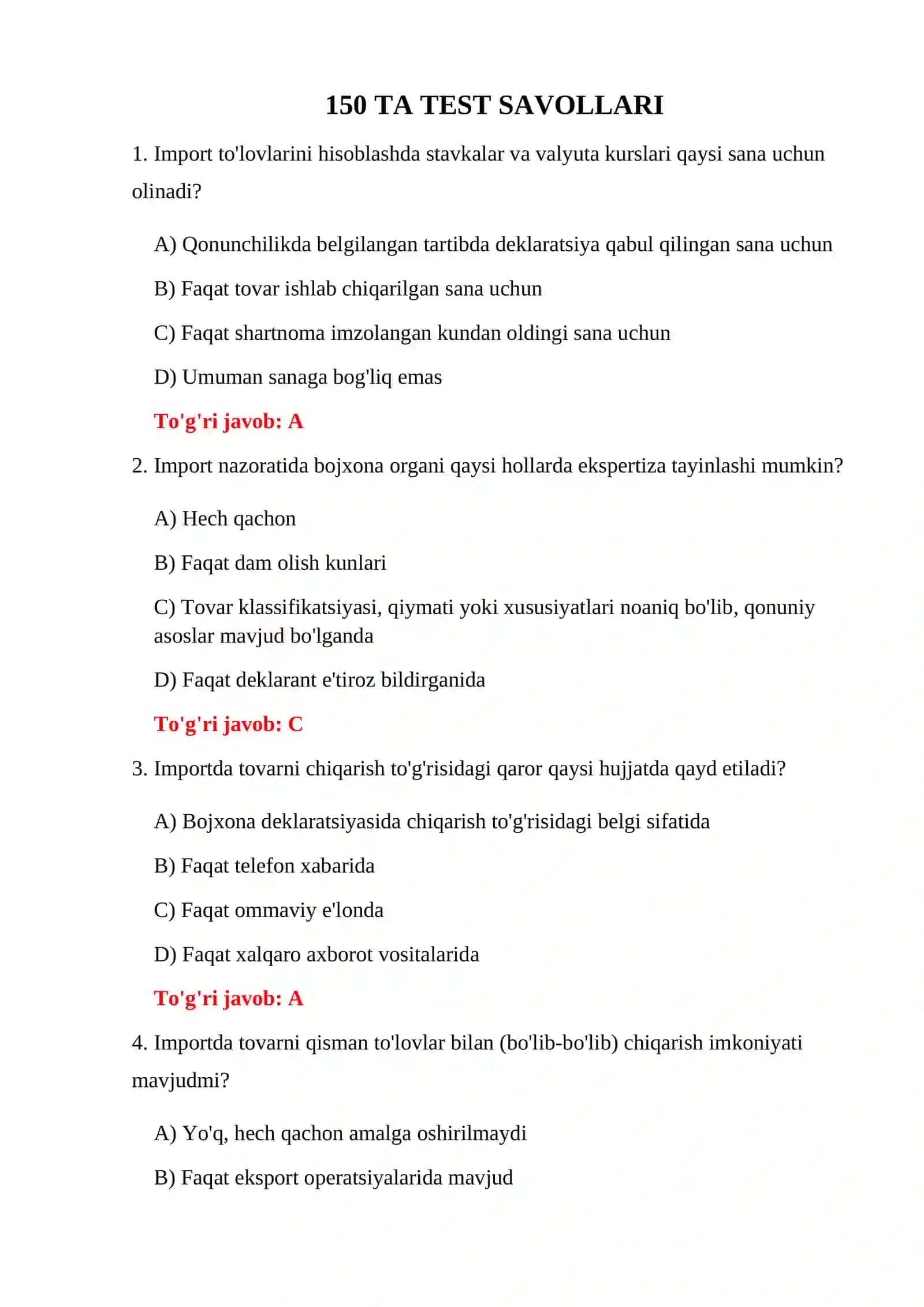 IMPORT HUJJATLARI TESTLARI 3