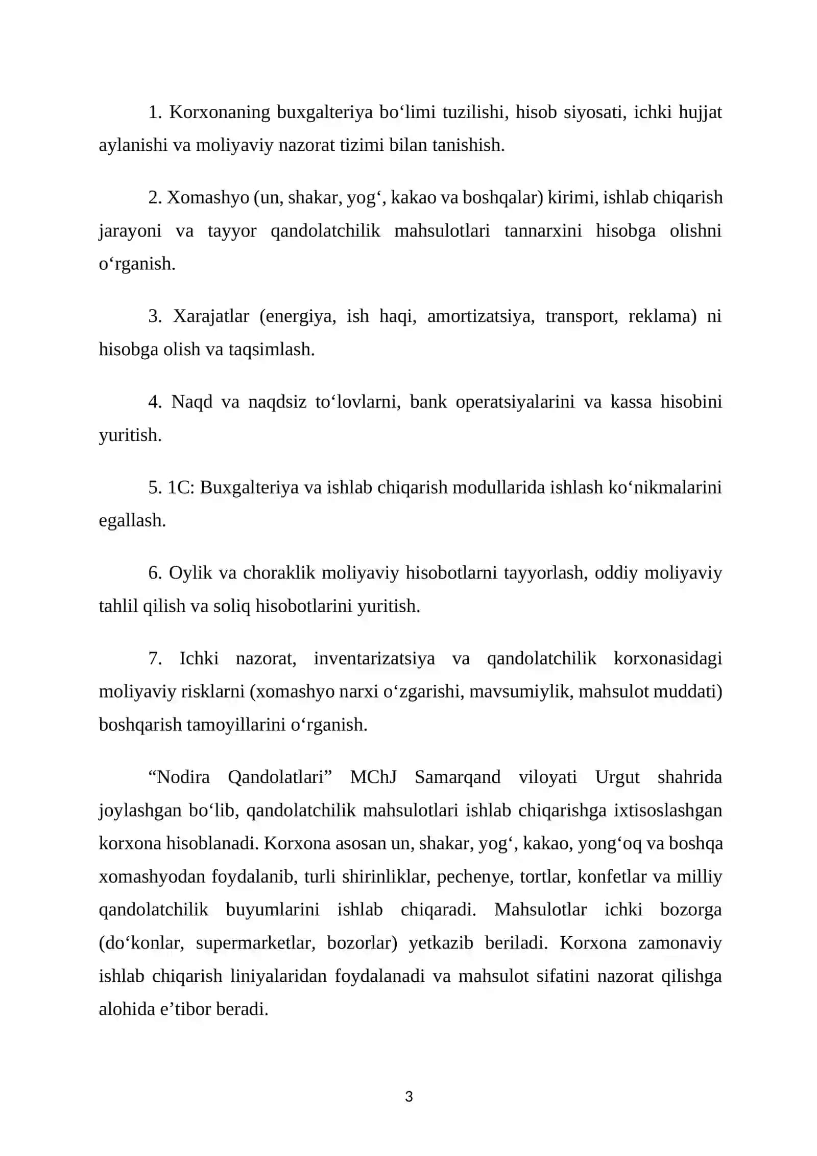 QANDOLATCHILIKDA AMALIYOT OʻTAGANLAR UCHUN.BITIRUV MALAKAVIY AMALIYOT HISOBOTI 3